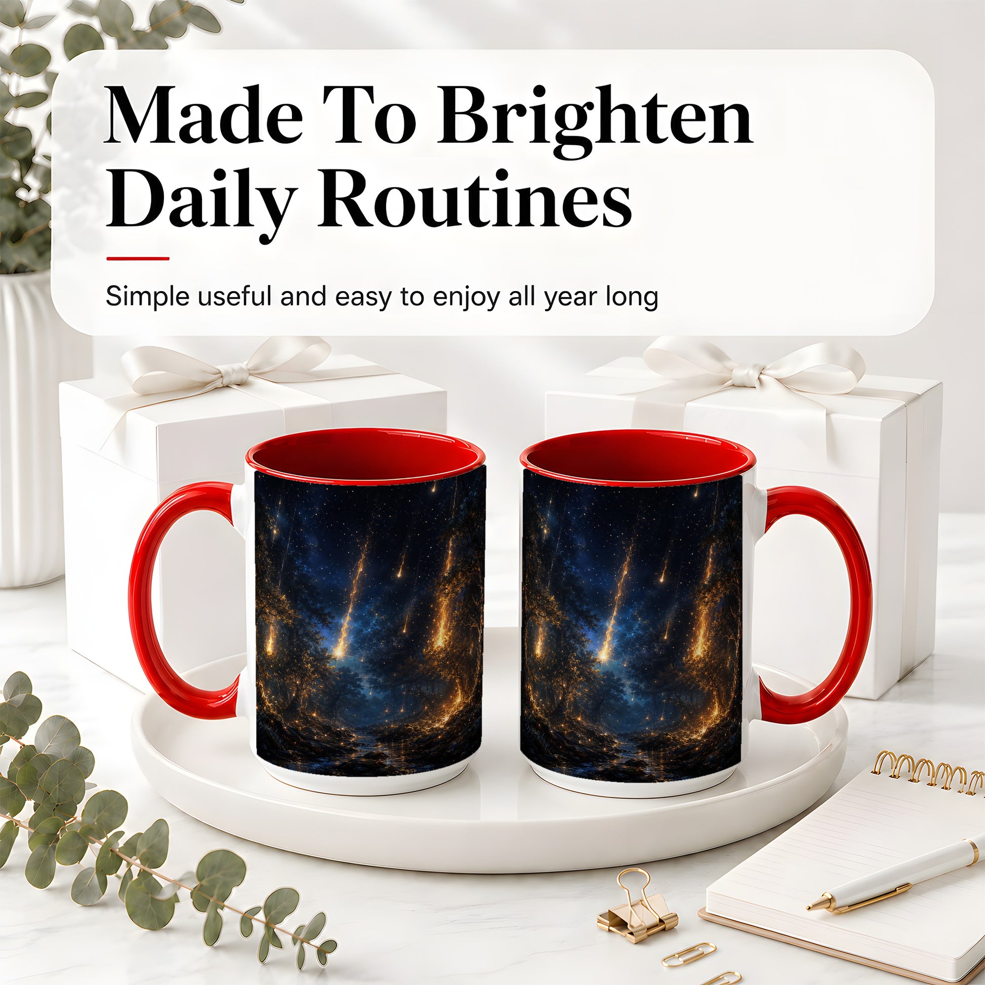 #pl[15oz|Red] Meteor Shower Forest Ceramic Mug, Celestial Night Art