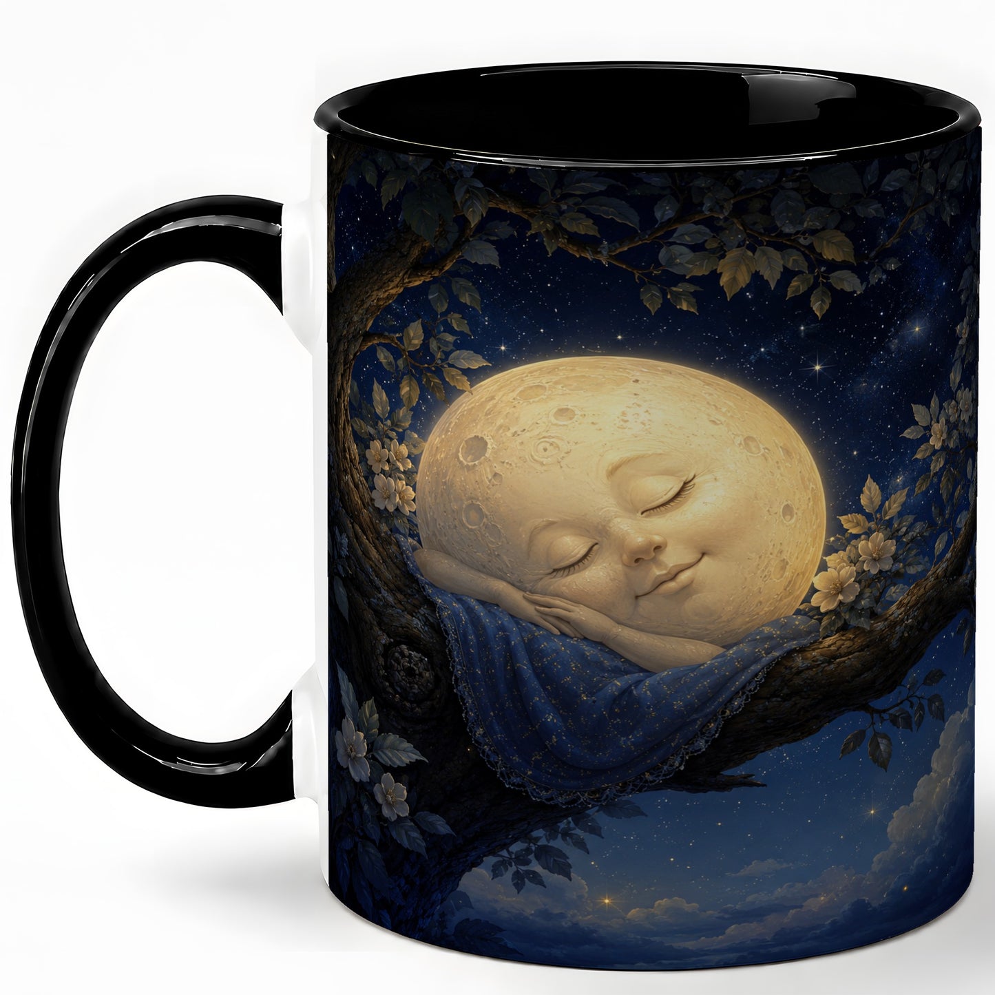 #pl[11oz|Black] Sleeping Moon Ceramic Mug, Dreamy Celestial Night Art
