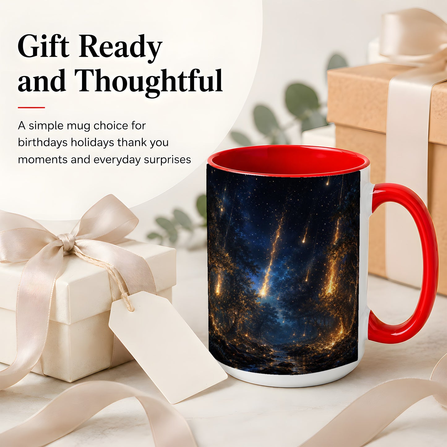 #pl[15oz|Red] Meteor Shower Forest Ceramic Mug, Celestial Night Art