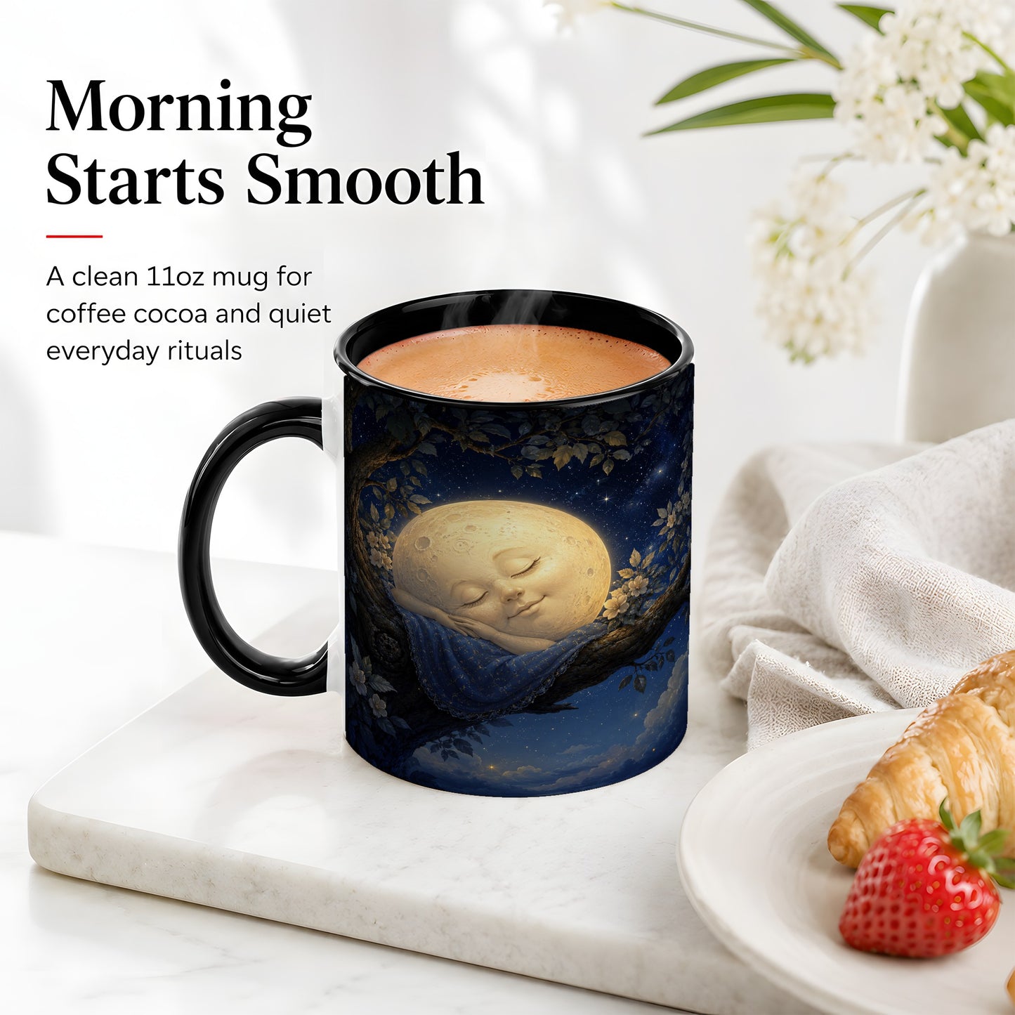#pl[11oz|Black] Sleeping Moon Ceramic Mug, Dreamy Celestial Night Art