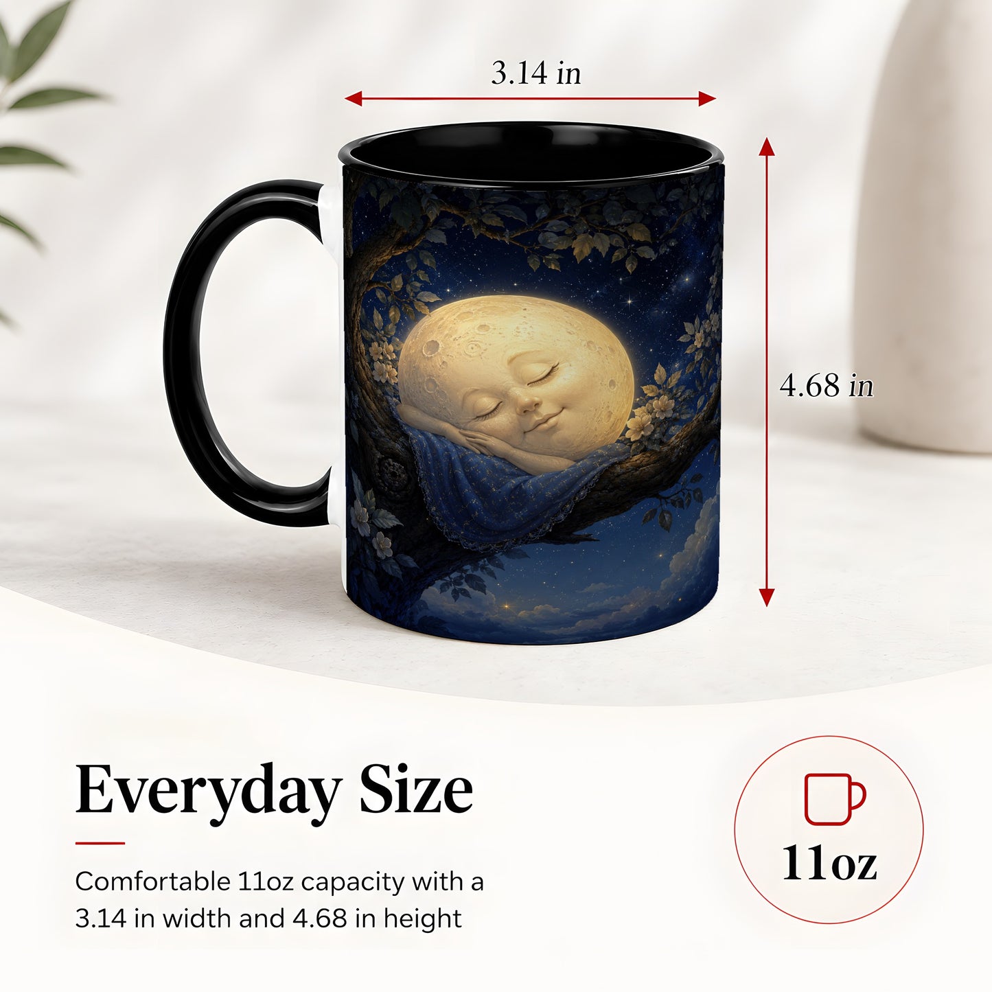 #pl[11oz|Black] Sleeping Moon Ceramic Mug, Dreamy Celestial Night Art