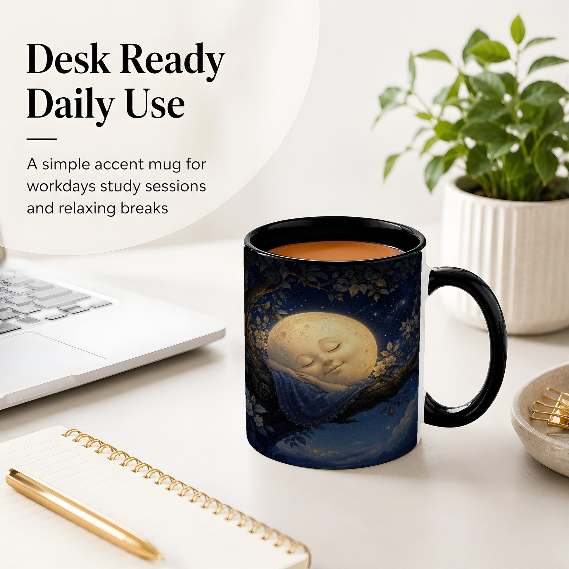#pl[11oz|Black] Sleeping Moon Ceramic Mug, Dreamy Celestial Night Art