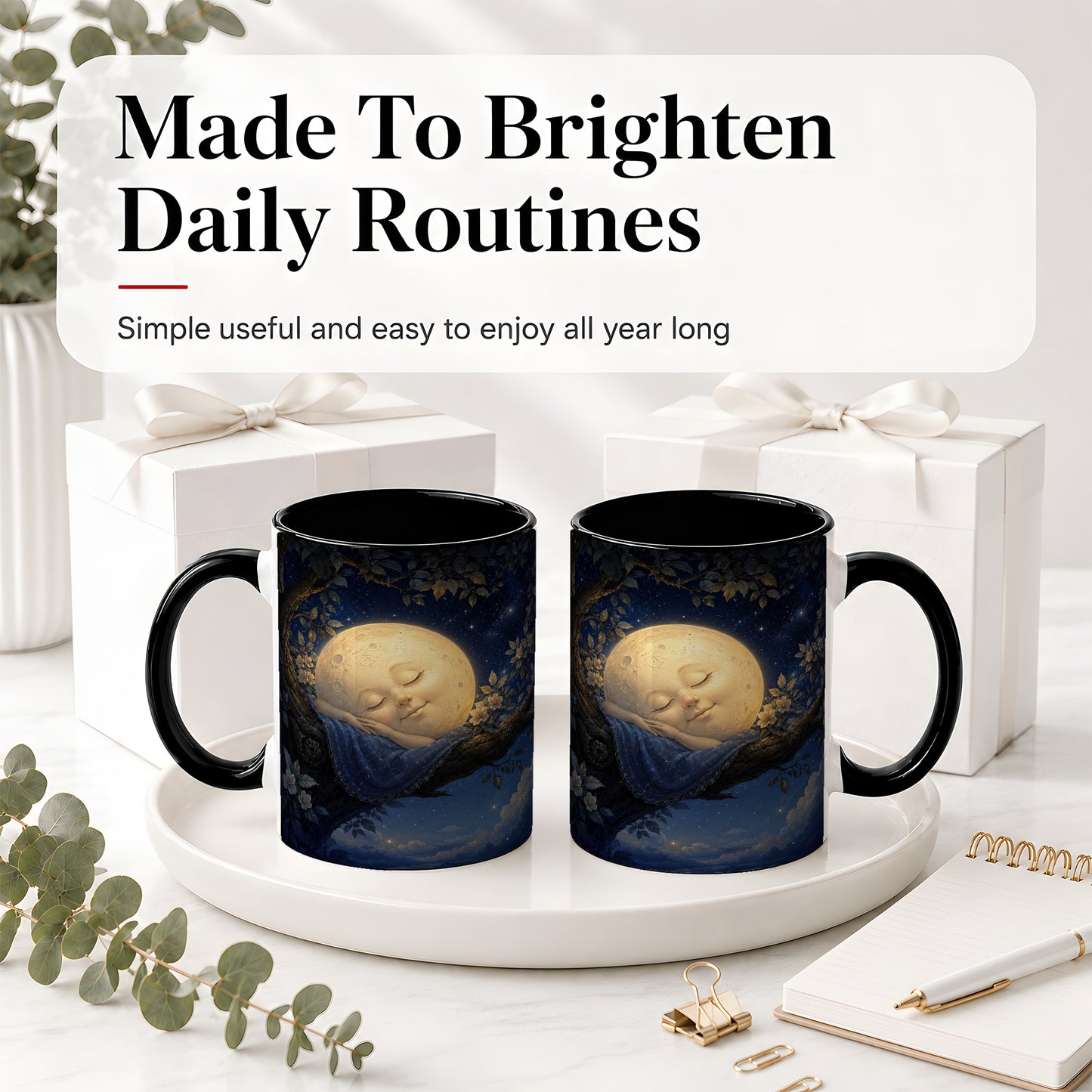 #pl[11oz|Black] Sleeping Moon Ceramic Mug, Dreamy Celestial Night Art