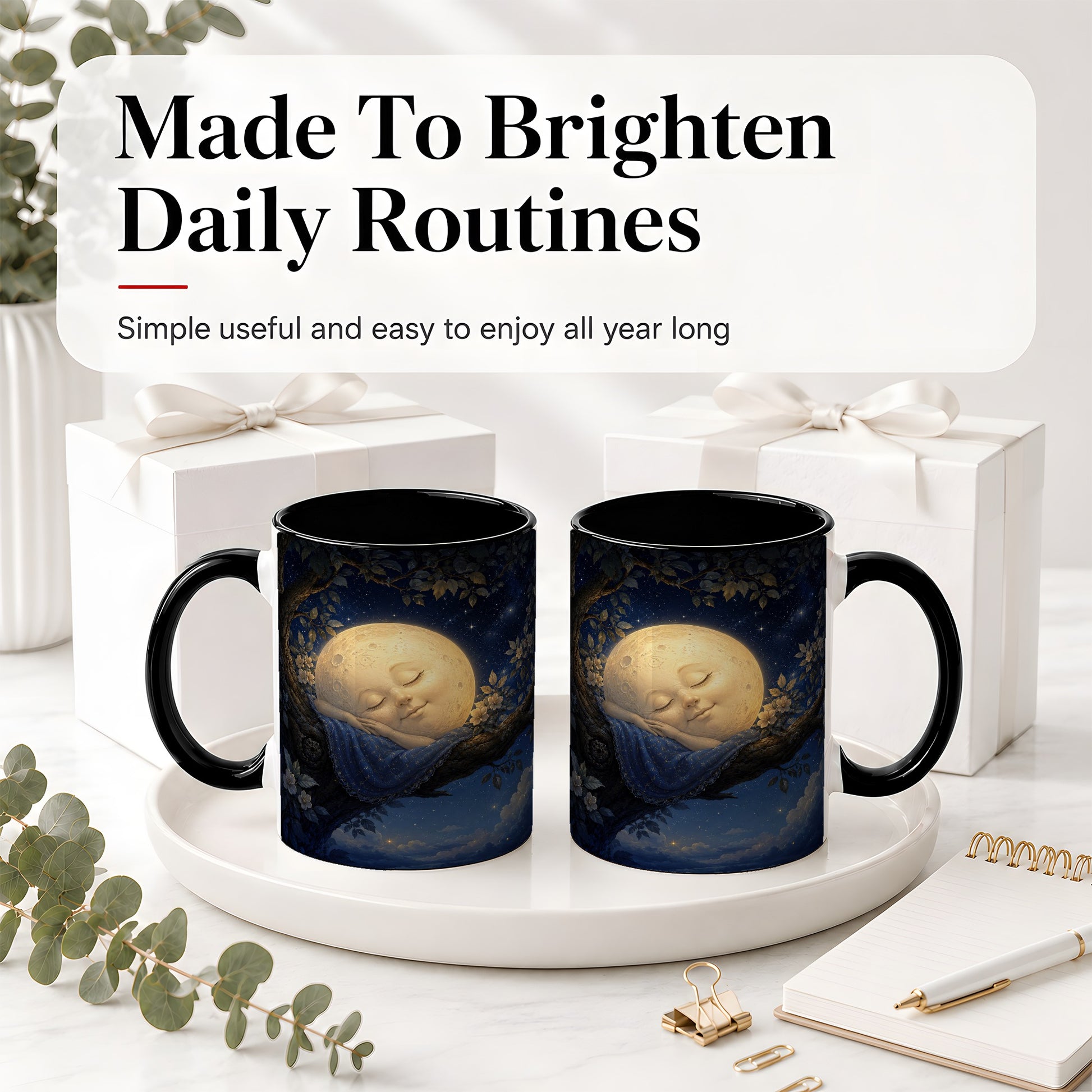 #pl[11oz|Black] Sleeping Moon Ceramic Mug, Dreamy Celestial Night Art