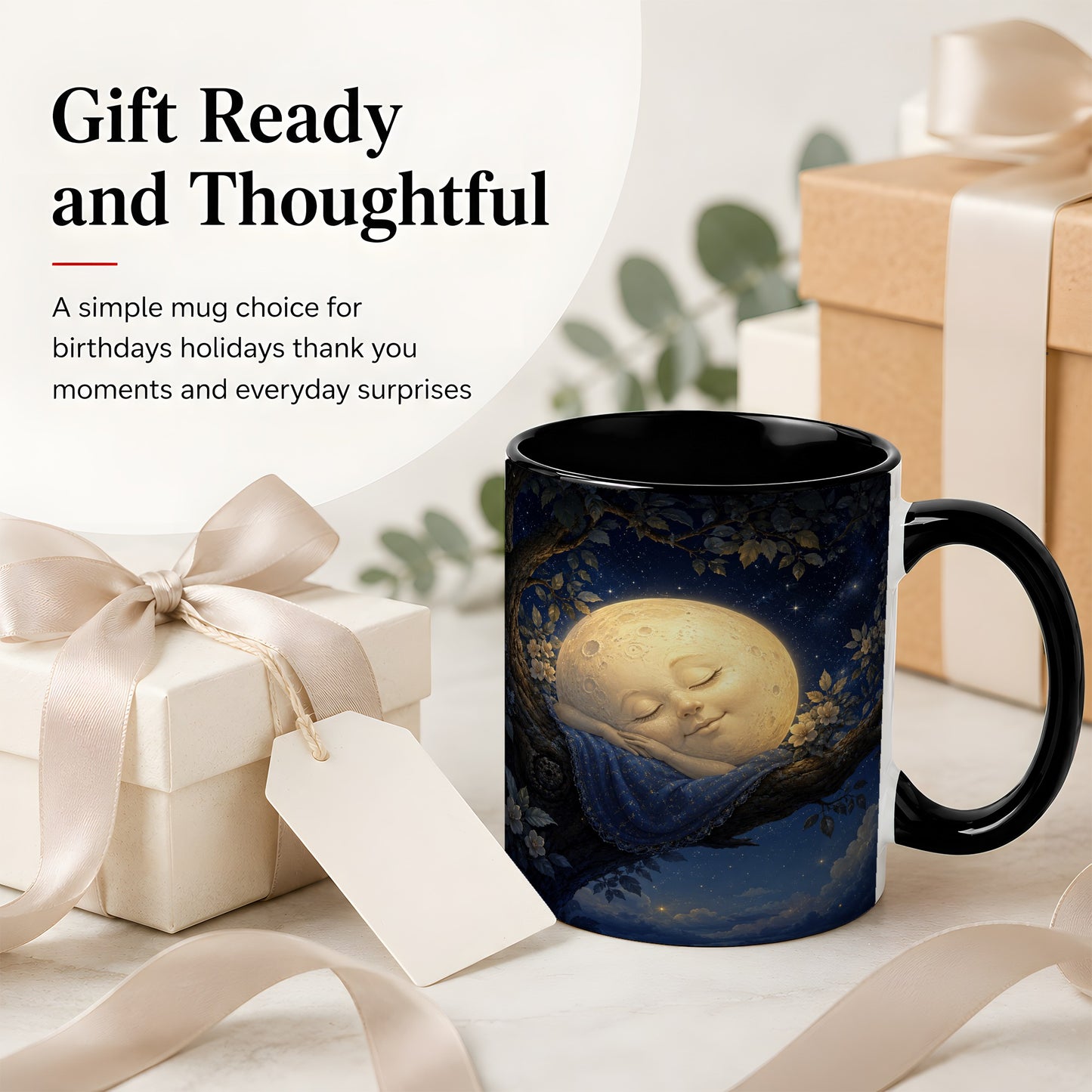 #pl[11oz|Black] Sleeping Moon Ceramic Mug, Dreamy Celestial Night Art