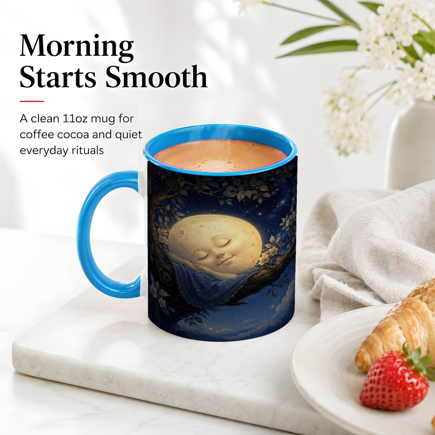 #pl[11oz|Blue] Sleeping Moon Ceramic Mug, Dreamy Celestial Night Art