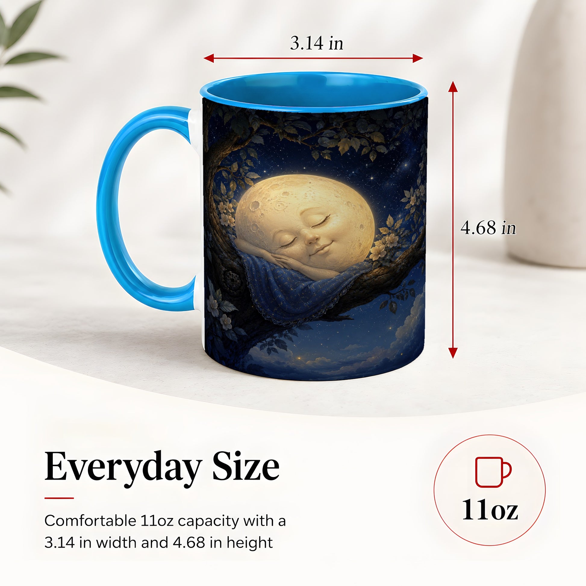 #pl[11oz|Blue] Sleeping Moon Ceramic Mug, Dreamy Celestial Night Art