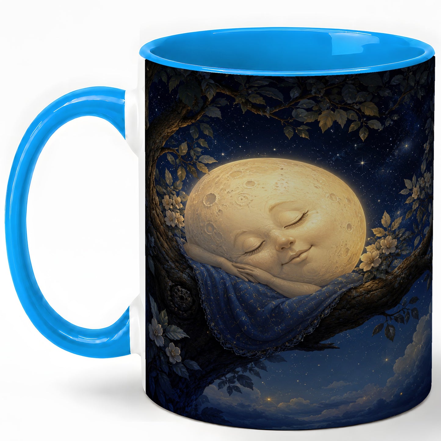 #pl[11oz|Blue] Sleeping Moon Ceramic Mug, Dreamy Celestial Night Art