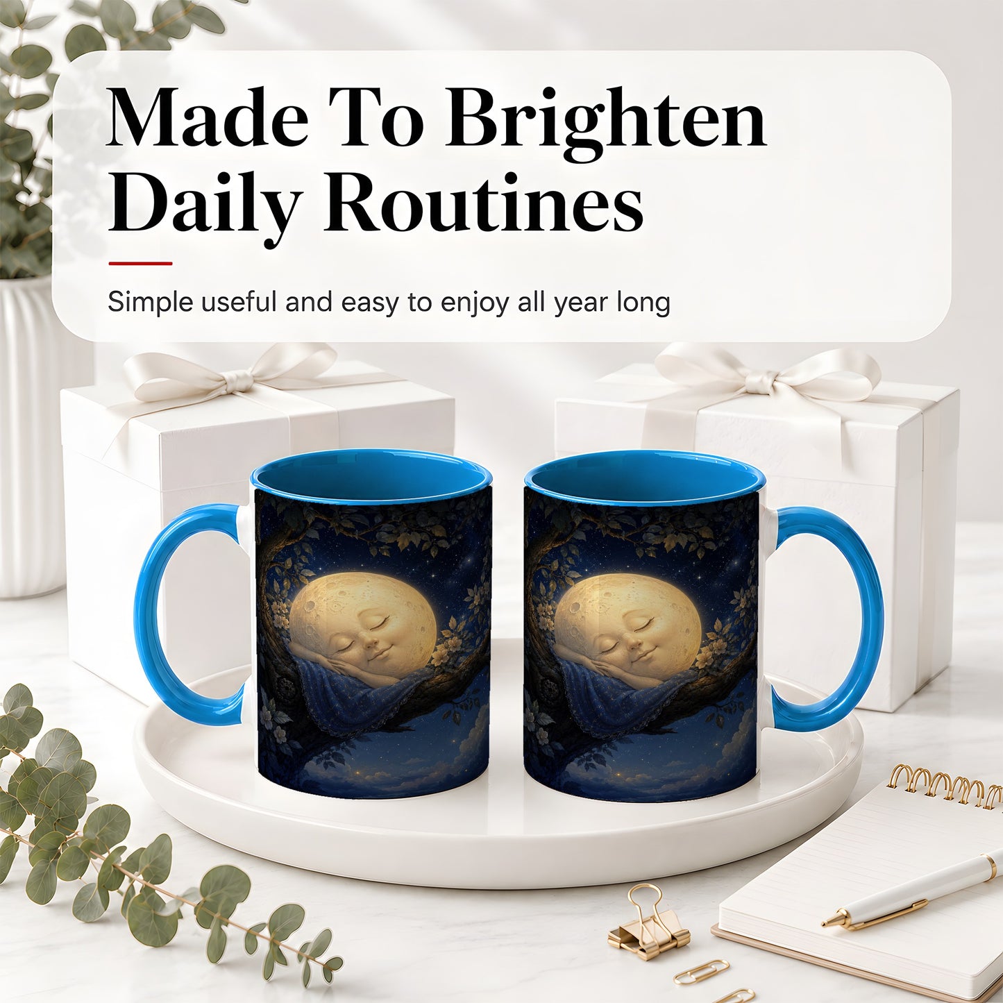 #pl[11oz|Blue] Sleeping Moon Ceramic Mug, Dreamy Celestial Night Art
