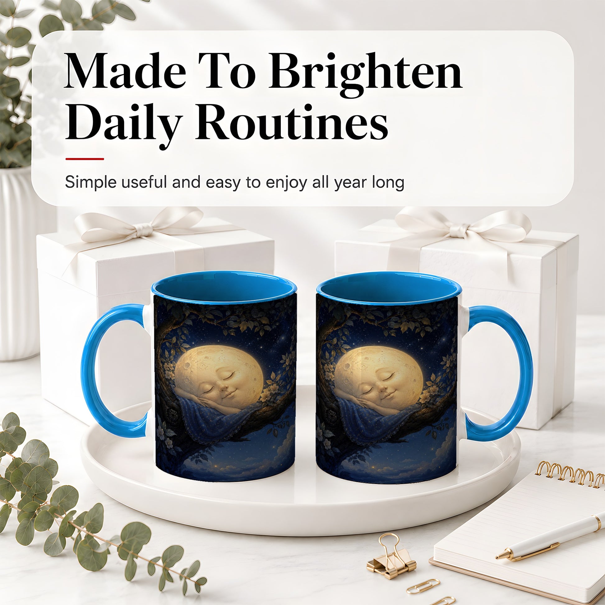 #pl[11oz|Blue] Sleeping Moon Ceramic Mug, Dreamy Celestial Night Art
