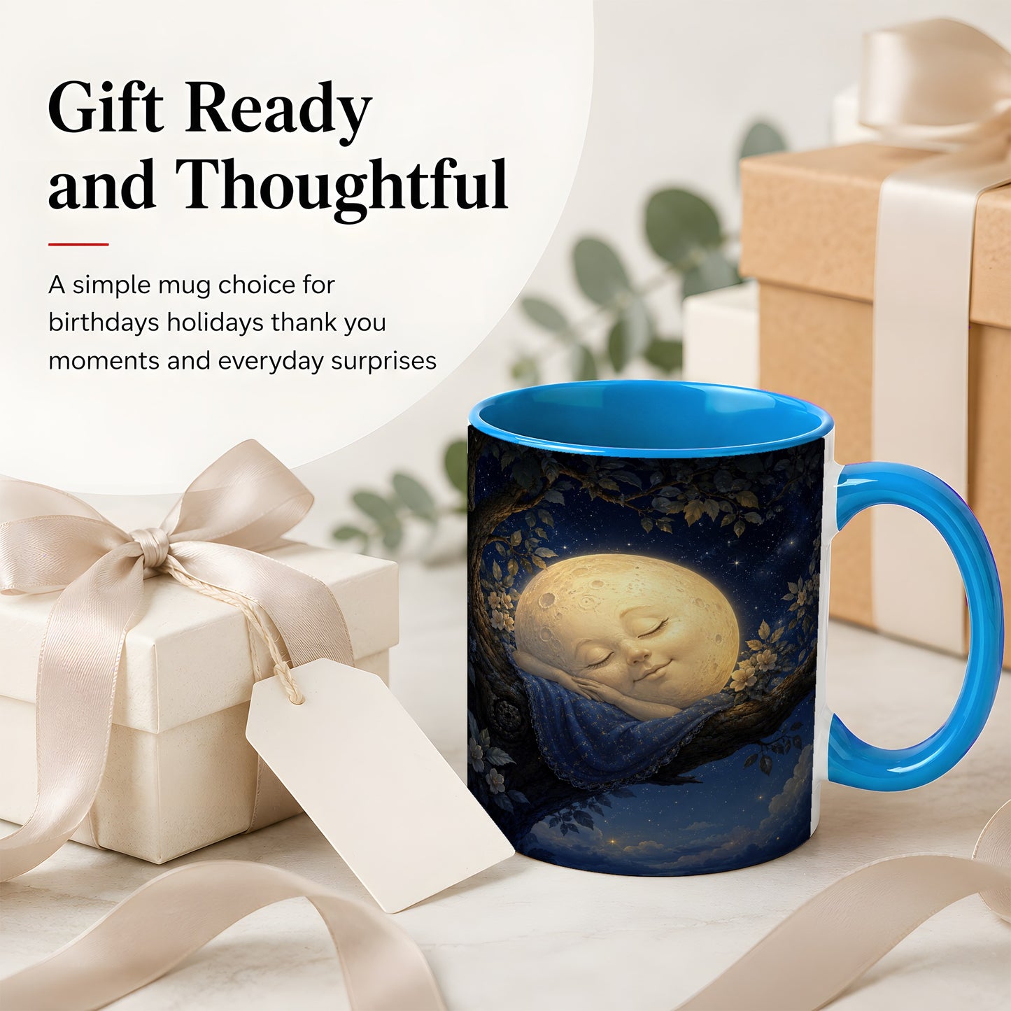 #pl[11oz|Blue] Sleeping Moon Ceramic Mug, Dreamy Celestial Night Art