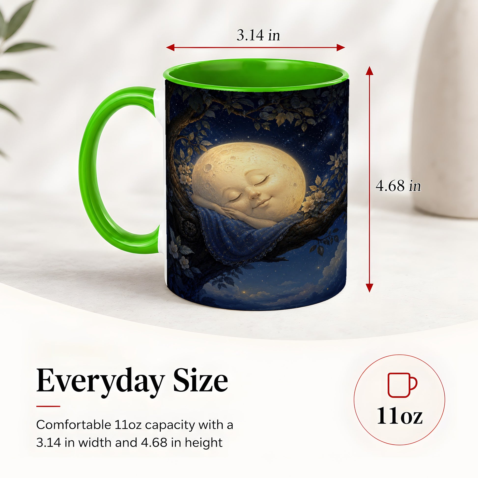 #pl[11oz|Green] Sleeping Moon Ceramic Mug, Dreamy Celestial Night Art