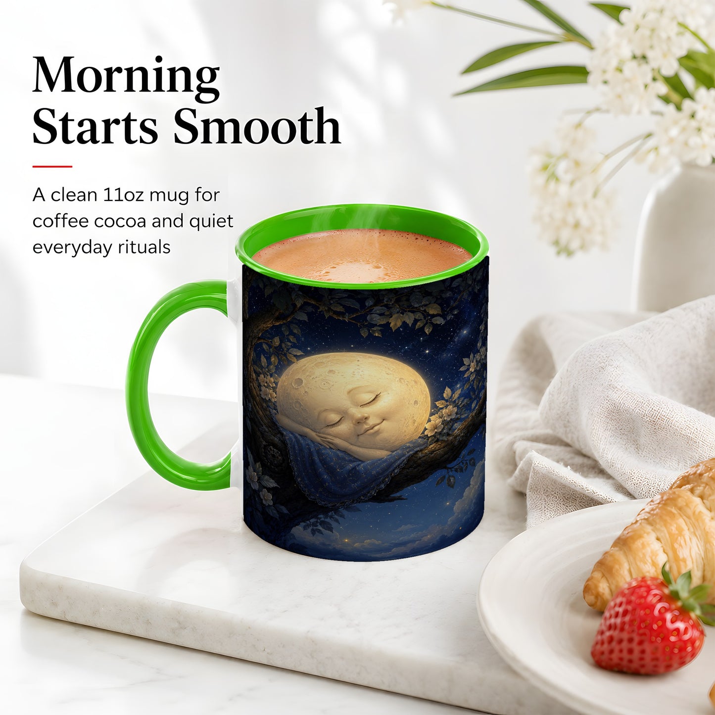 #pl[11oz|Green] Sleeping Moon Ceramic Mug, Dreamy Celestial Night Art