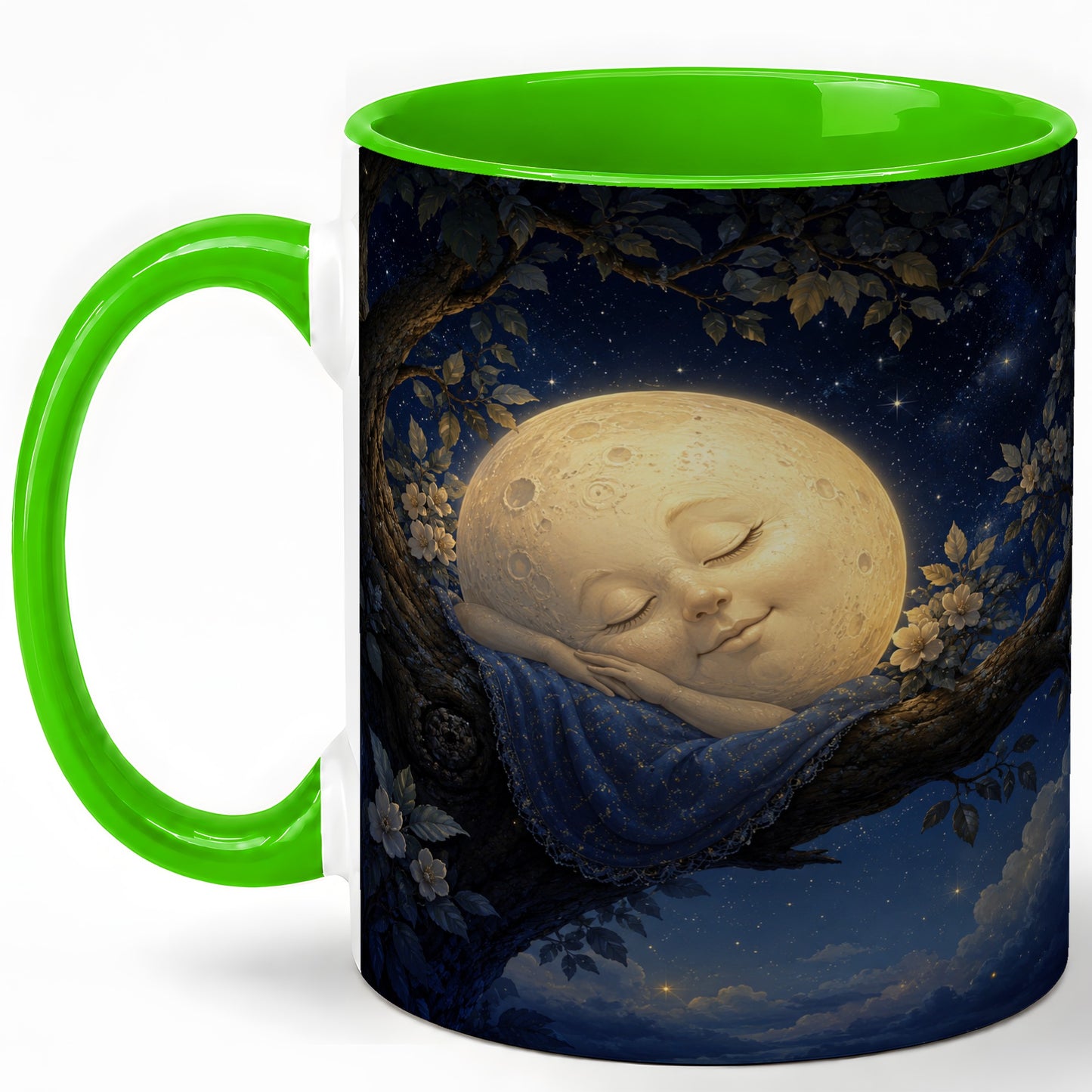 #pl[11oz|Green] Sleeping Moon Ceramic Mug, Dreamy Celestial Night Art