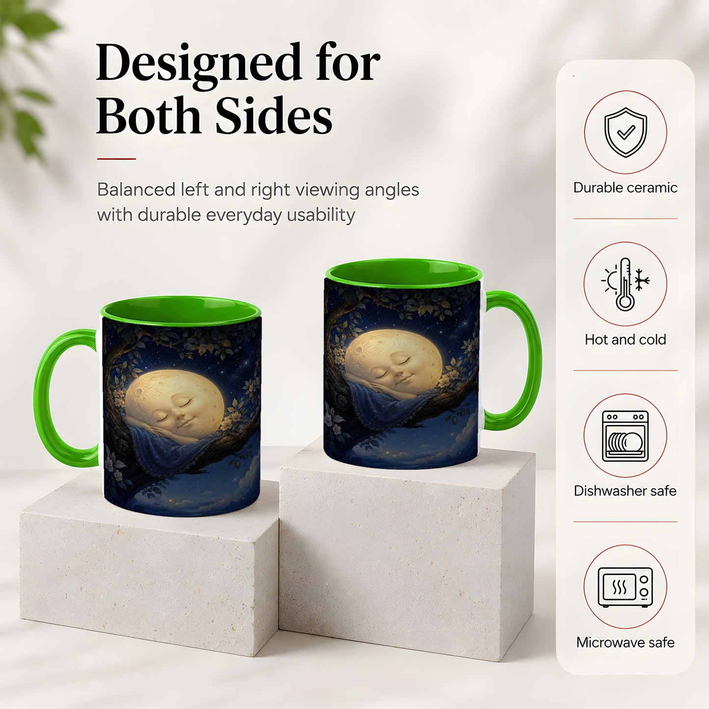 #pl[11oz|Green] Sleeping Moon Ceramic Mug, Dreamy Celestial Night Art