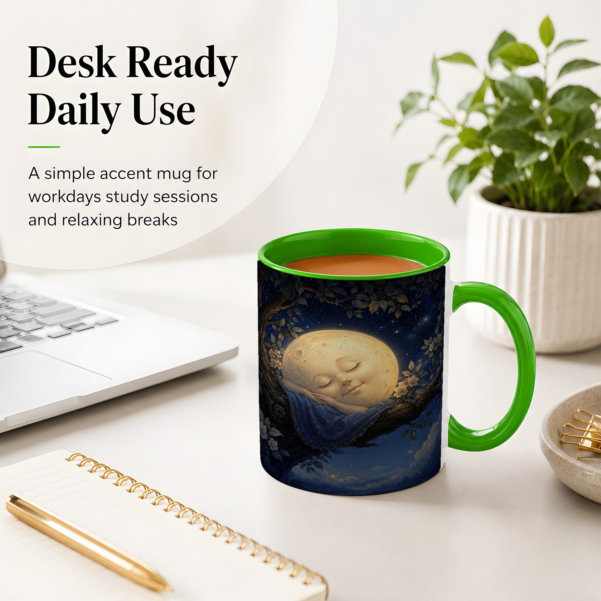 #pl[11oz|Green] Sleeping Moon Ceramic Mug, Dreamy Celestial Night Art