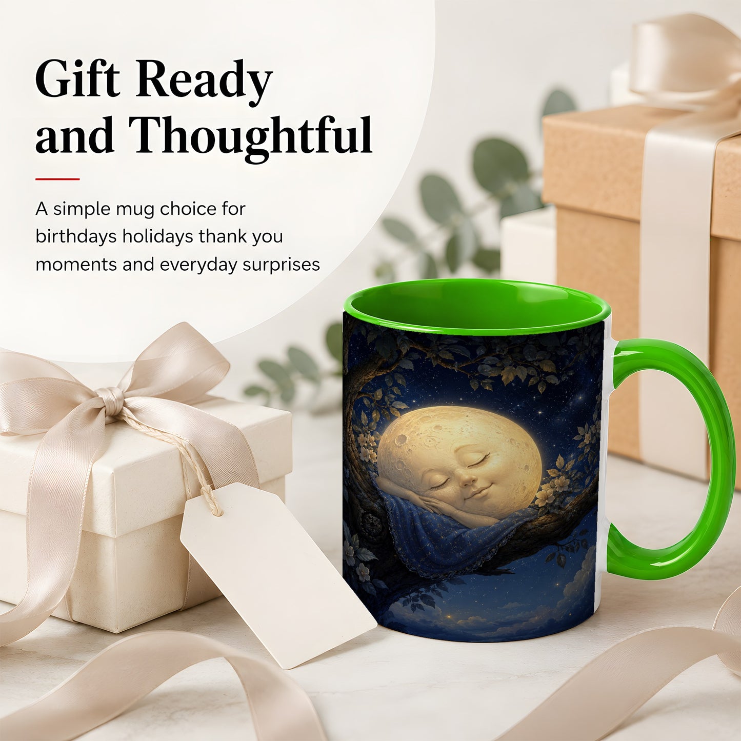 #pl[11oz|Green] Sleeping Moon Ceramic Mug, Dreamy Celestial Night Art