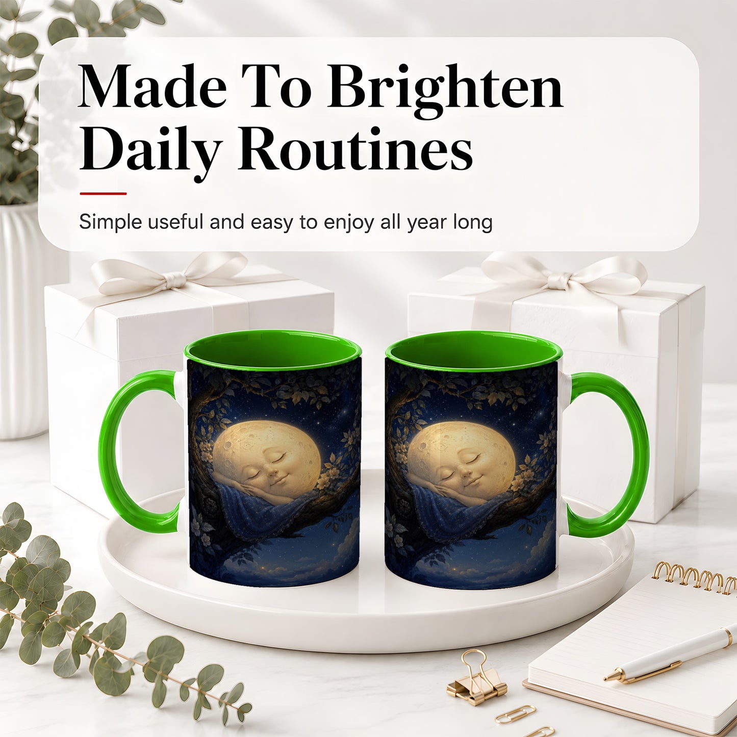 #pl[11oz|Green] Sleeping Moon Ceramic Mug, Dreamy Celestial Night Art