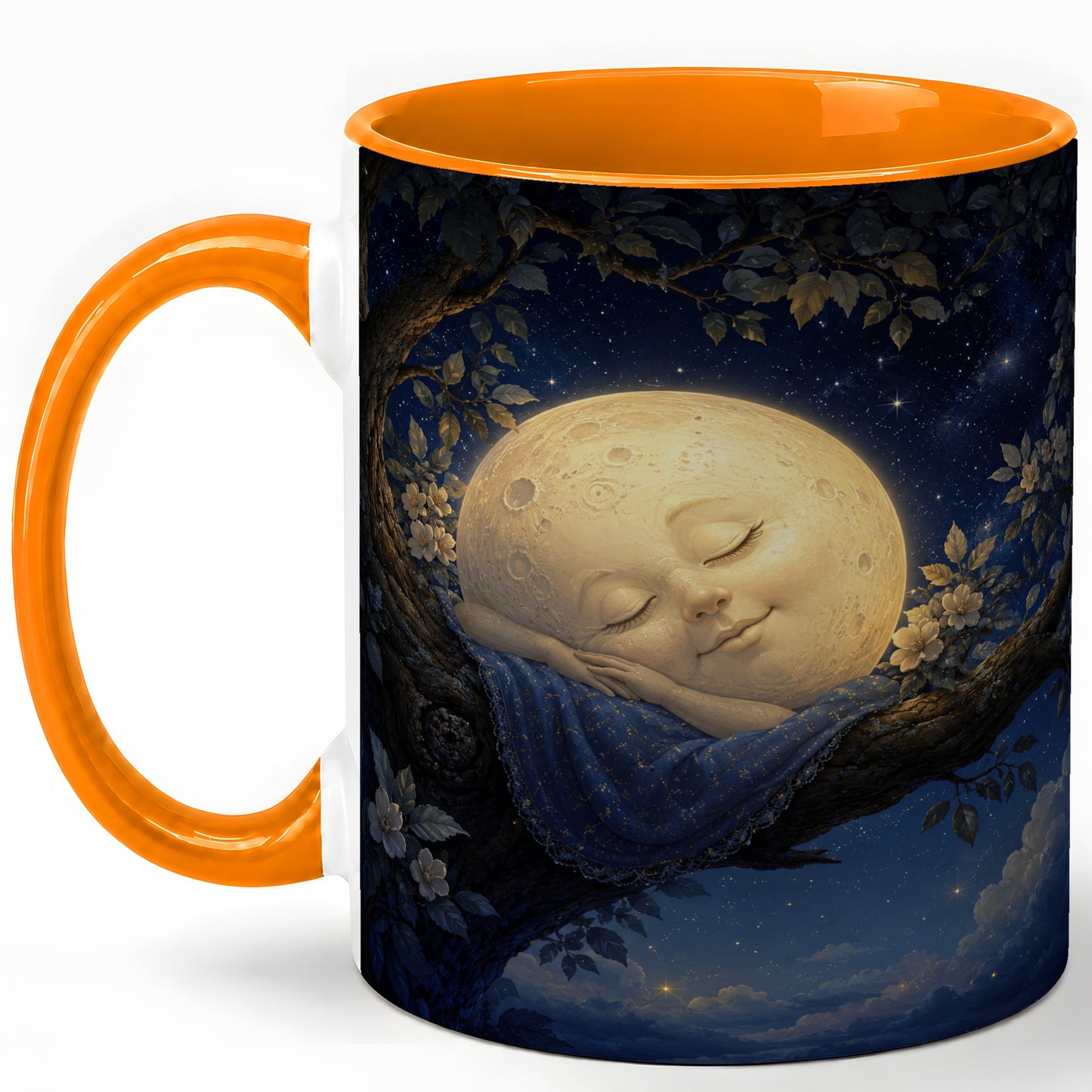 #pl[11oz|Orange] Sleeping Moon Ceramic Mug, Dreamy Celestial Night Art