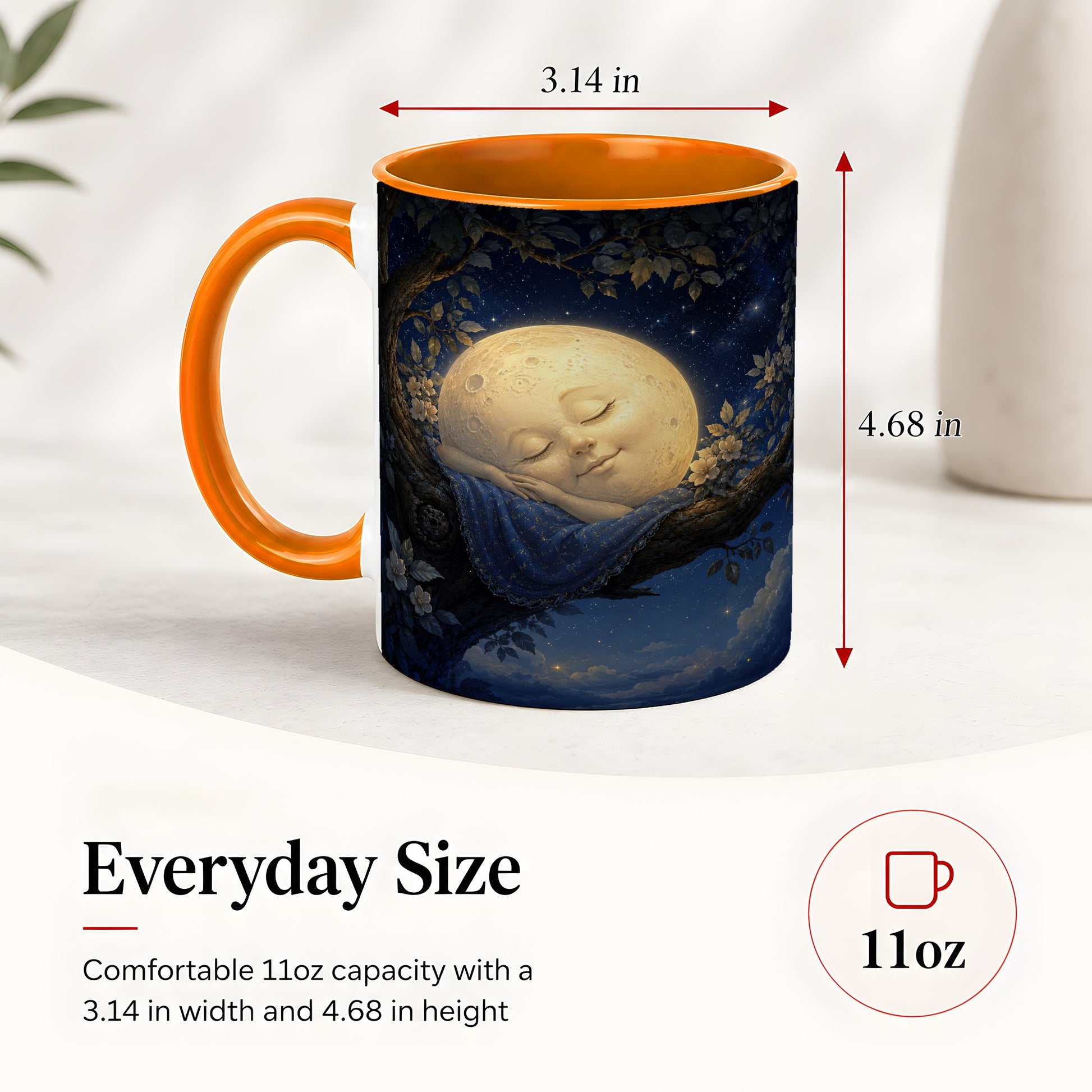 #pl[11oz|Orange] Sleeping Moon Ceramic Mug, Dreamy Celestial Night Art