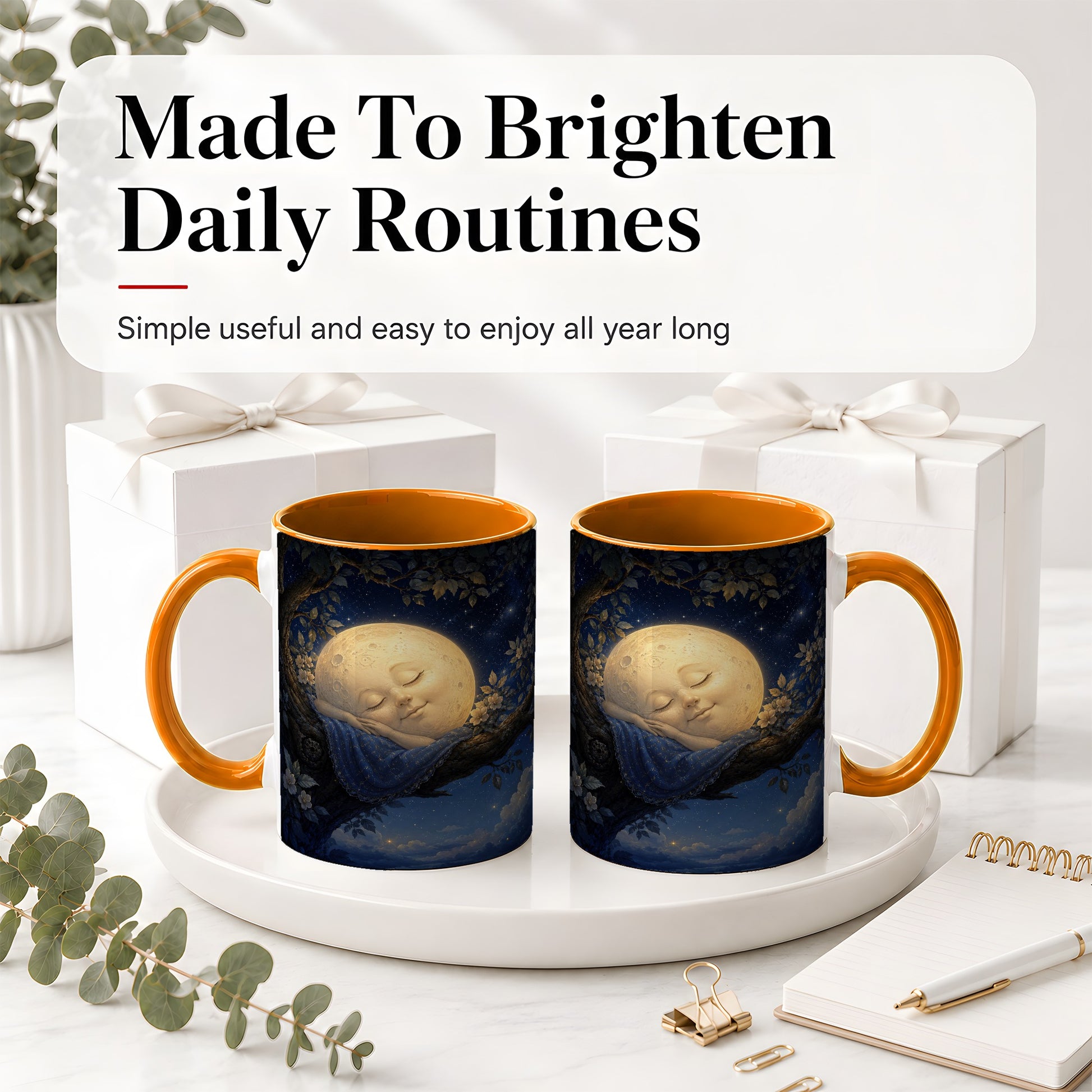 #pl[11oz|Orange] Sleeping Moon Ceramic Mug, Dreamy Celestial Night Art