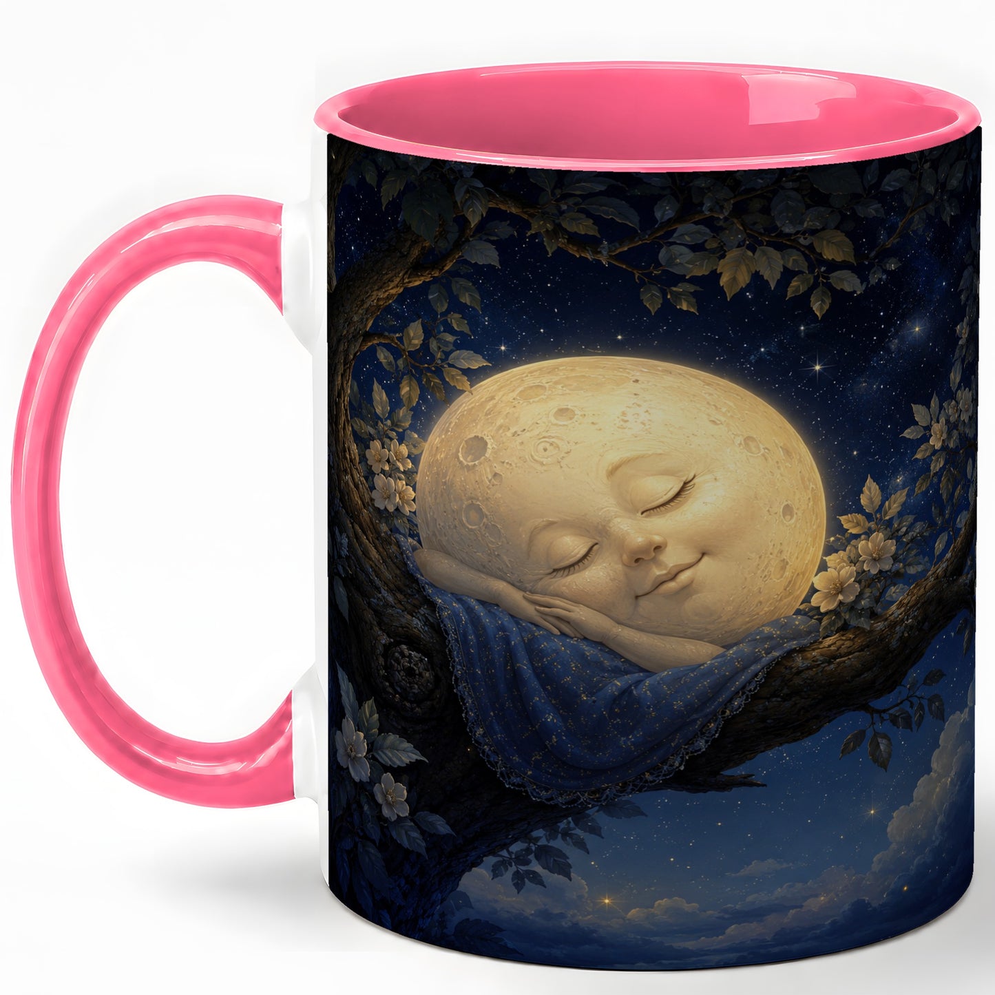 #pl[11oz|Pink] Sleeping Moon Ceramic Mug, Dreamy Celestial Night Art