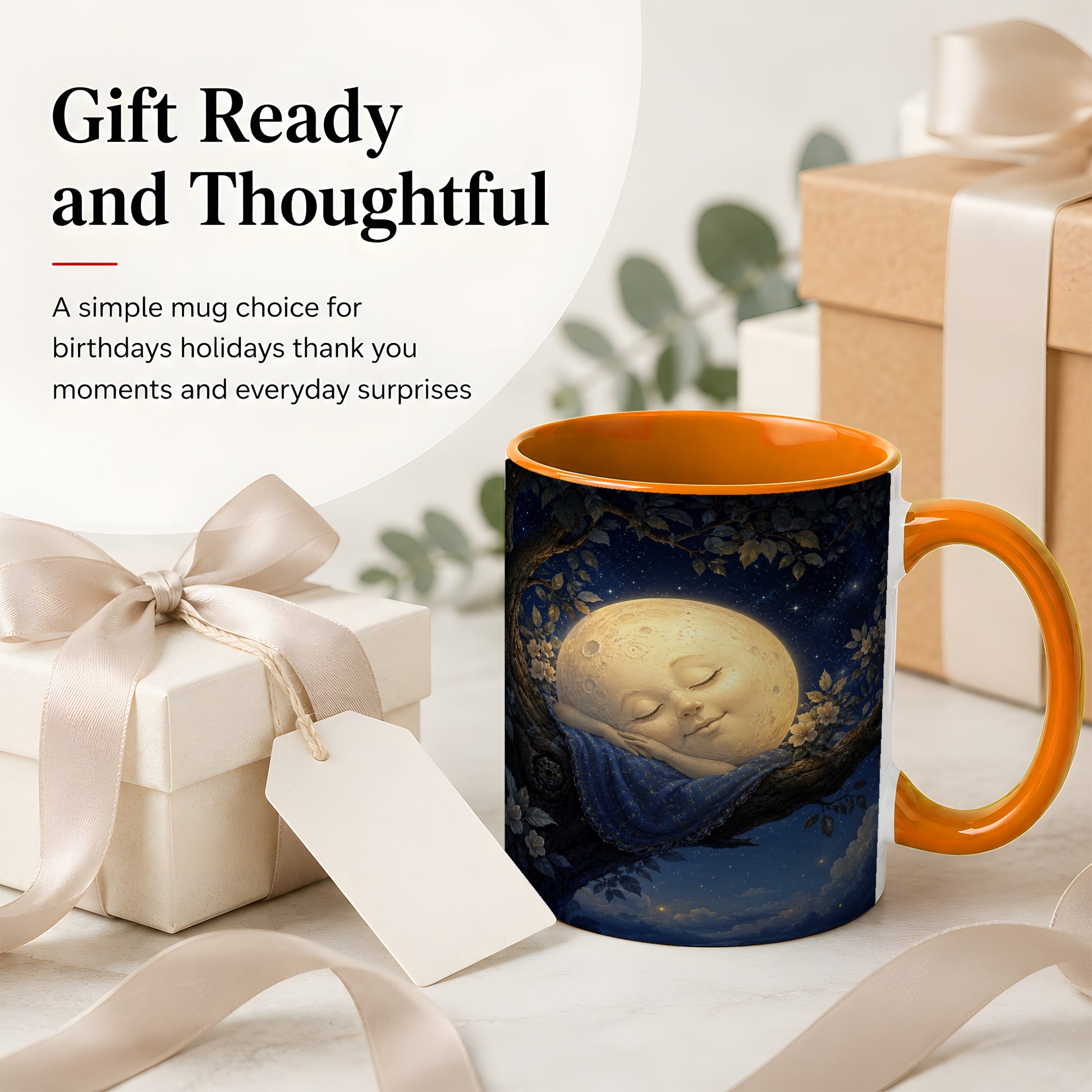 #pl[11oz|Orange] Sleeping Moon Ceramic Mug, Dreamy Celestial Night Art