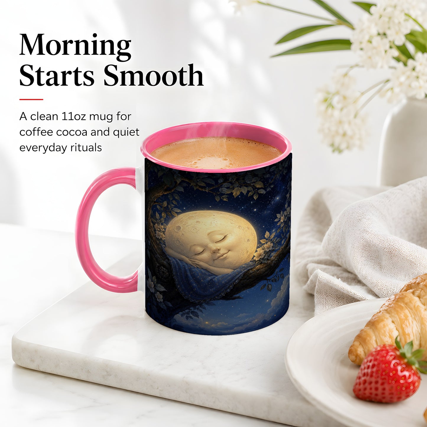 #pl[11oz|Pink] Sleeping Moon Ceramic Mug, Dreamy Celestial Night Art