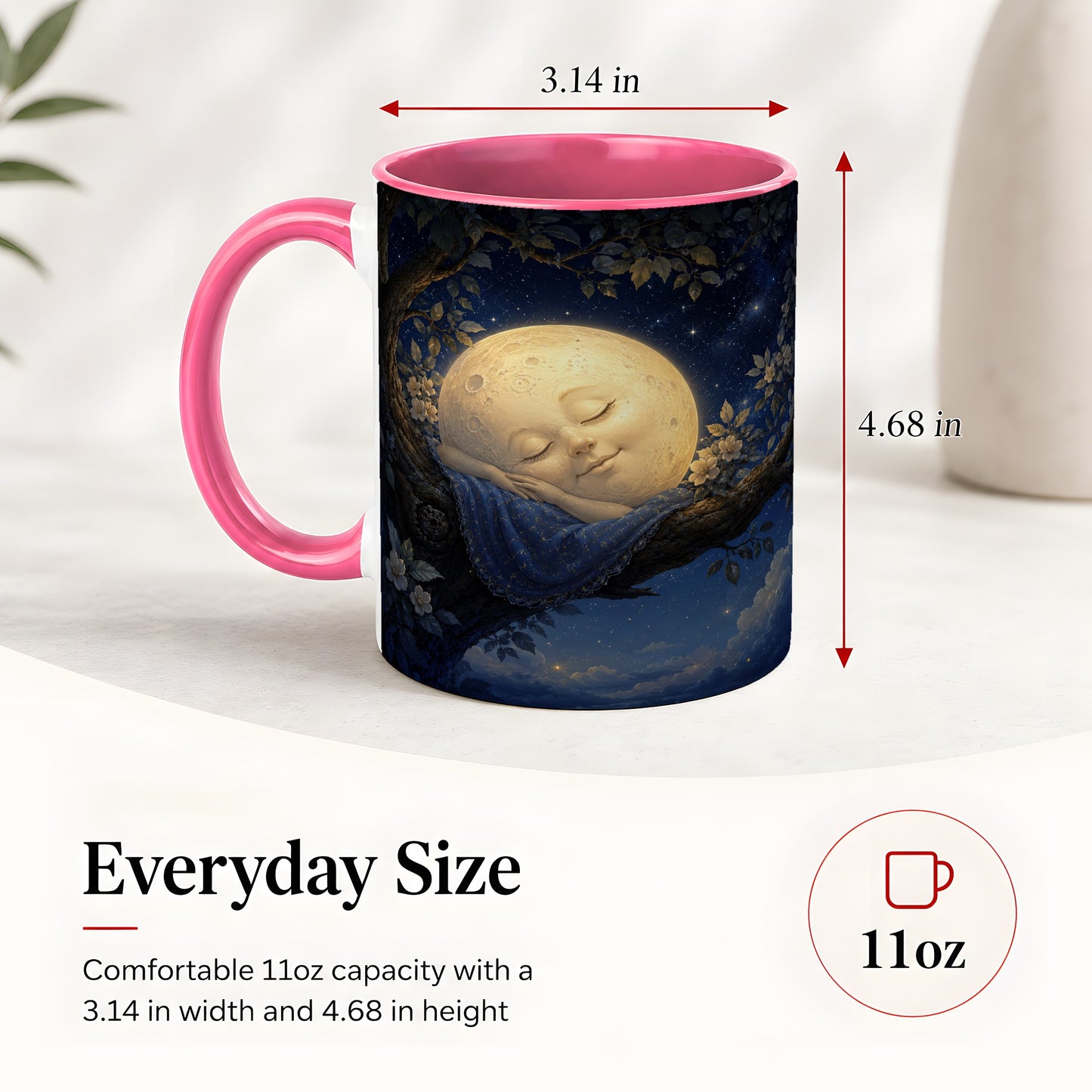 #pl[11oz|Pink] Sleeping Moon Ceramic Mug, Dreamy Celestial Night Art