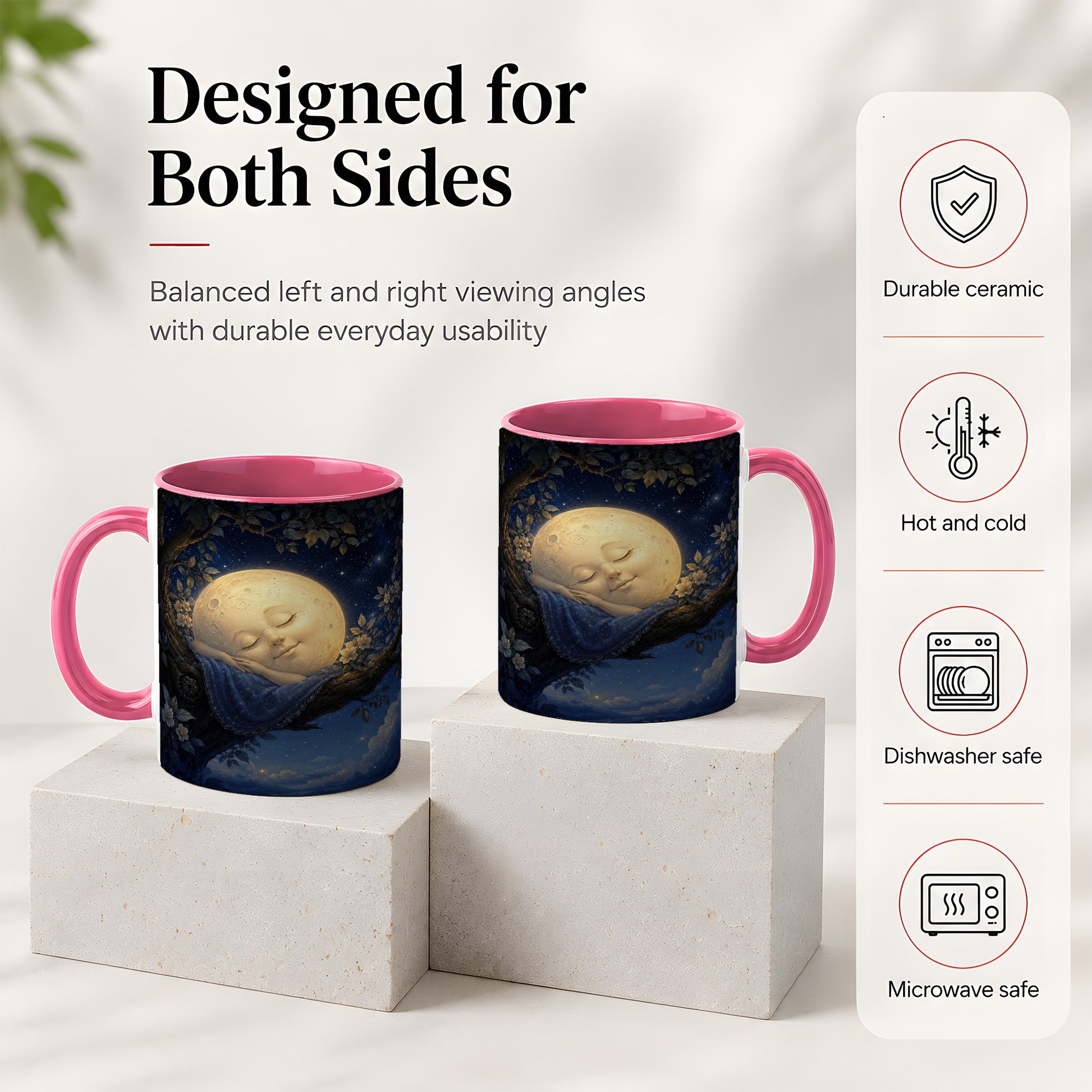 #pl[11oz|Pink] Sleeping Moon Ceramic Mug, Dreamy Celestial Night Art