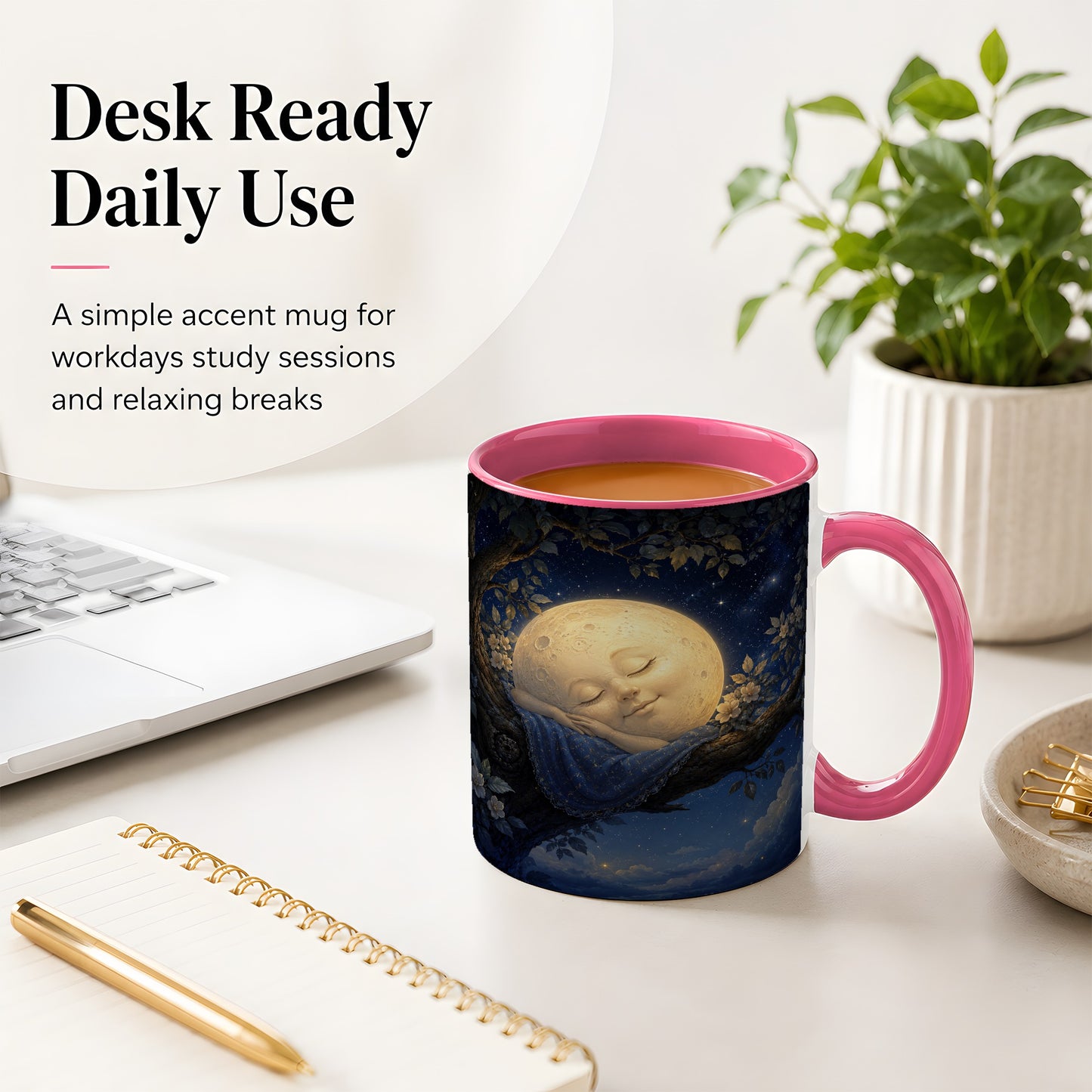 #pl[11oz|Pink] Sleeping Moon Ceramic Mug, Dreamy Celestial Night Art