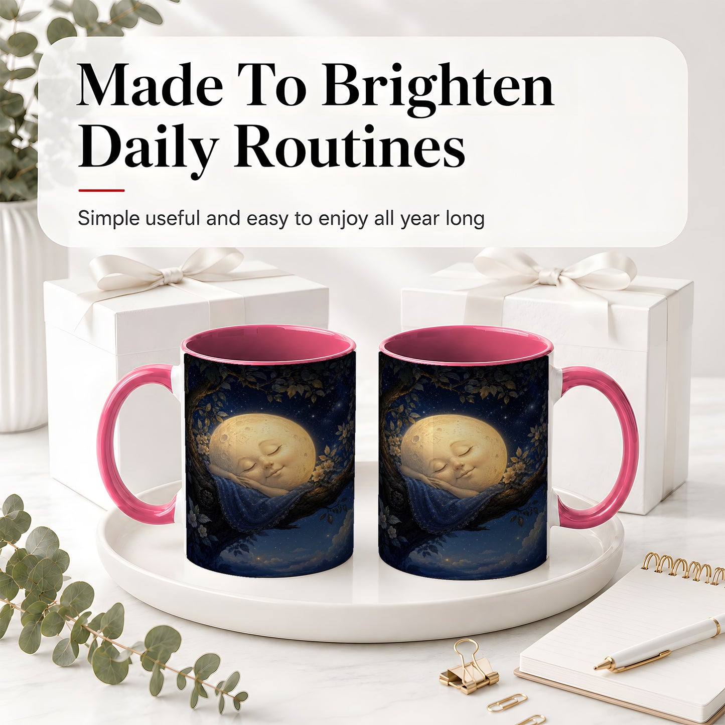 #pl[11oz|Pink] Sleeping Moon Ceramic Mug, Dreamy Celestial Night Art
