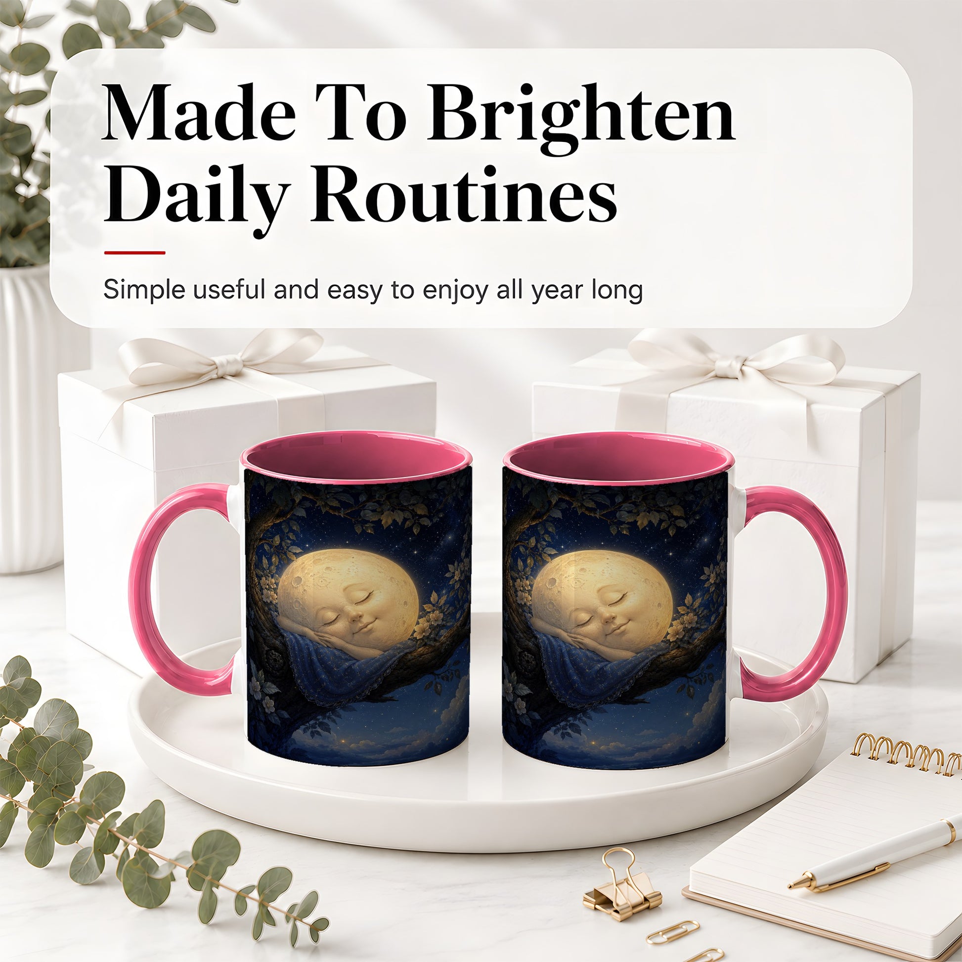 #pl[11oz|Pink] Sleeping Moon Ceramic Mug, Dreamy Celestial Night Art