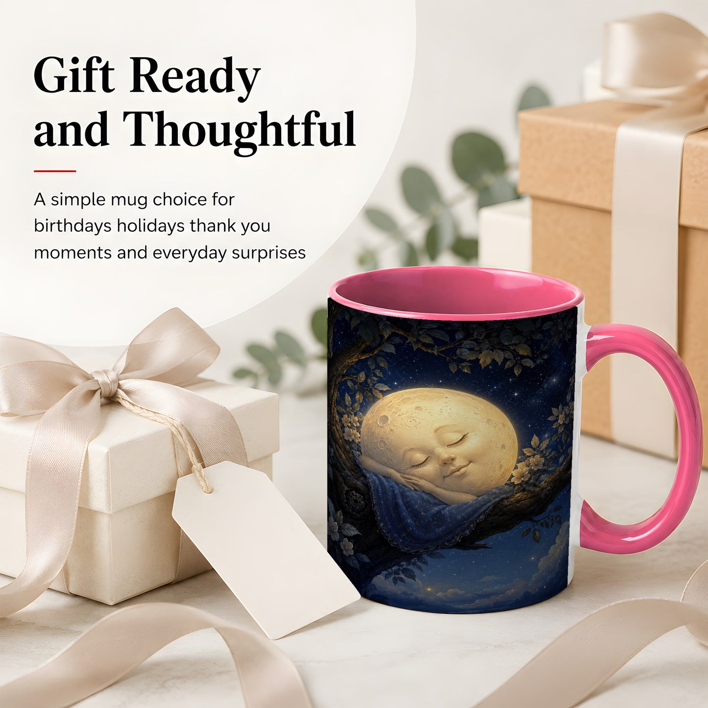 #pl[11oz|Pink] Sleeping Moon Ceramic Mug, Dreamy Celestial Night Art