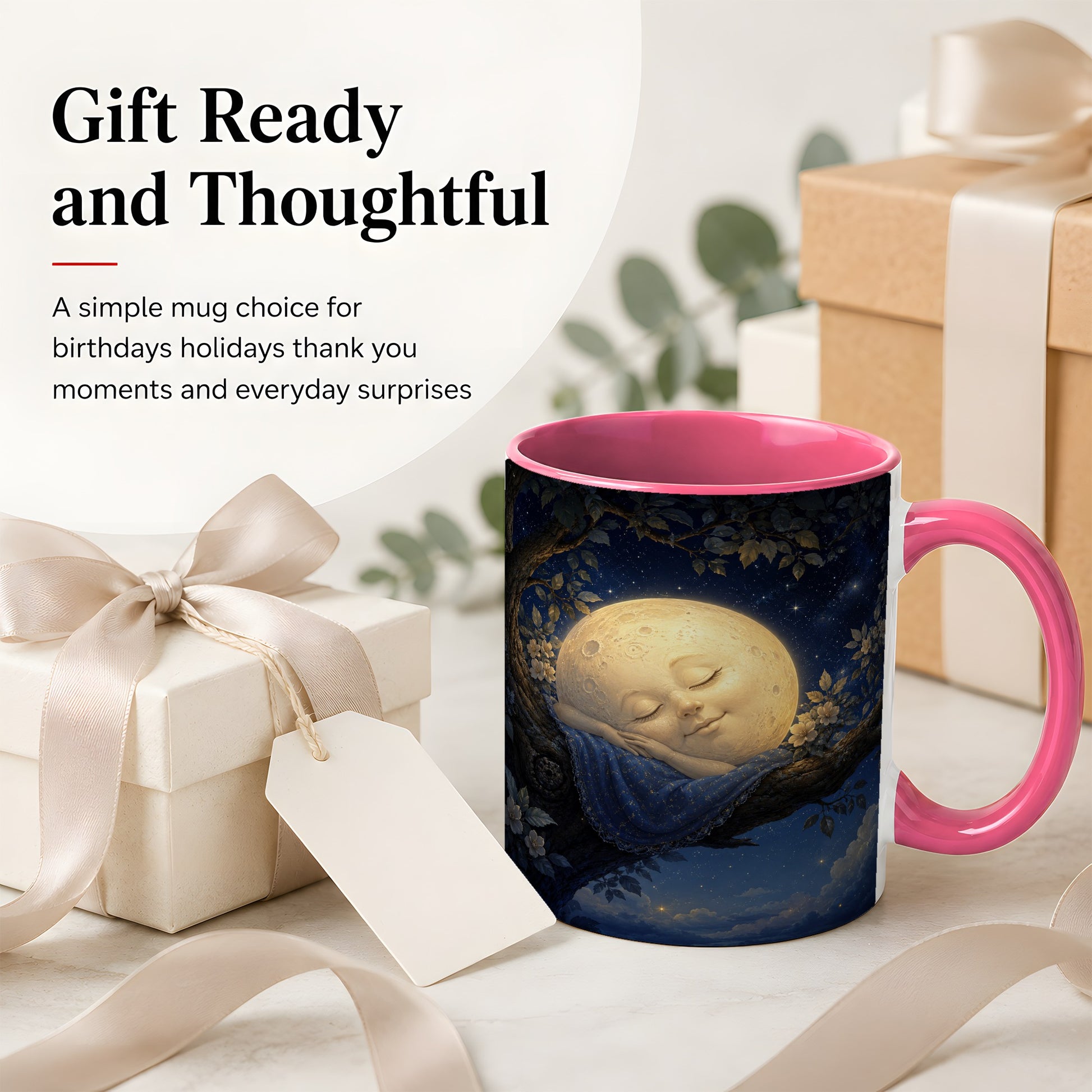 #pl[11oz|Pink] Sleeping Moon Ceramic Mug, Dreamy Celestial Night Art