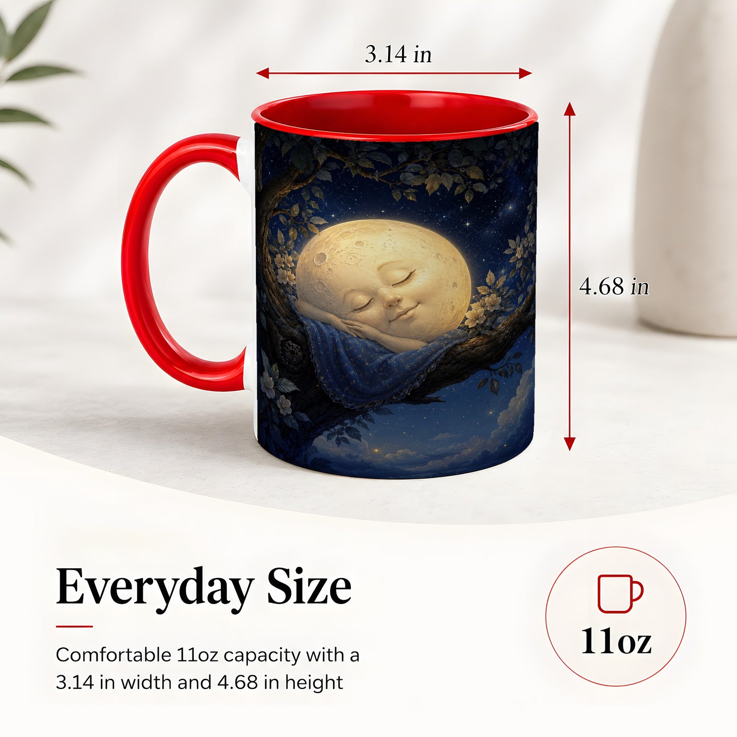 #pl[11oz|Red] Sleeping Moon Ceramic Mug, Dreamy Celestial Night Art