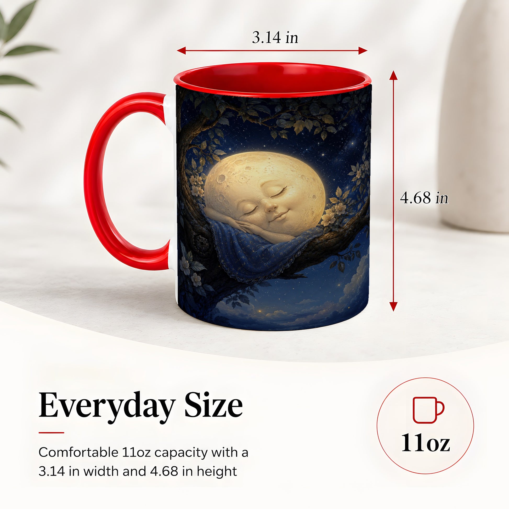 #pl[11oz|Red] Sleeping Moon Ceramic Mug, Dreamy Celestial Night Art
