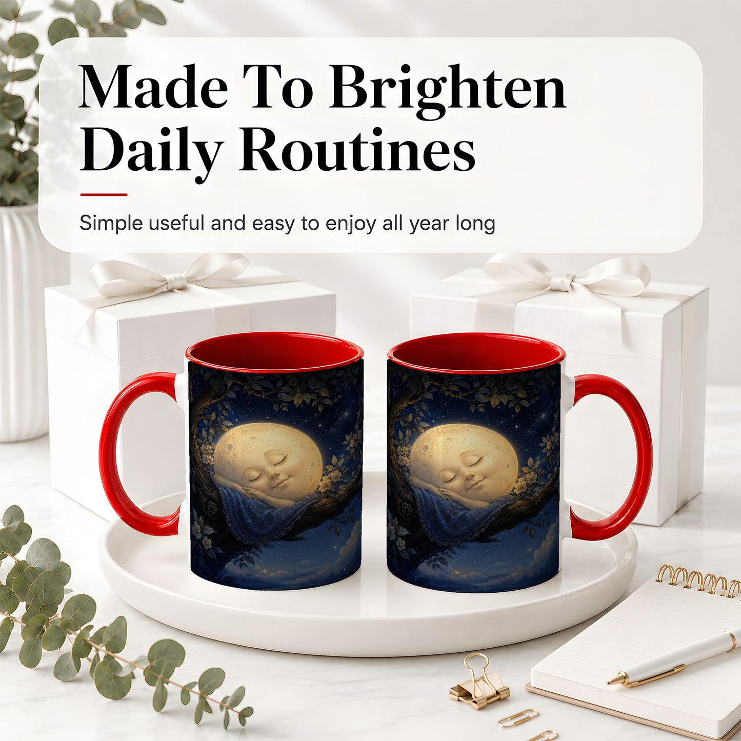 #pl[11oz|Red] Sleeping Moon Ceramic Mug, Dreamy Celestial Night Art