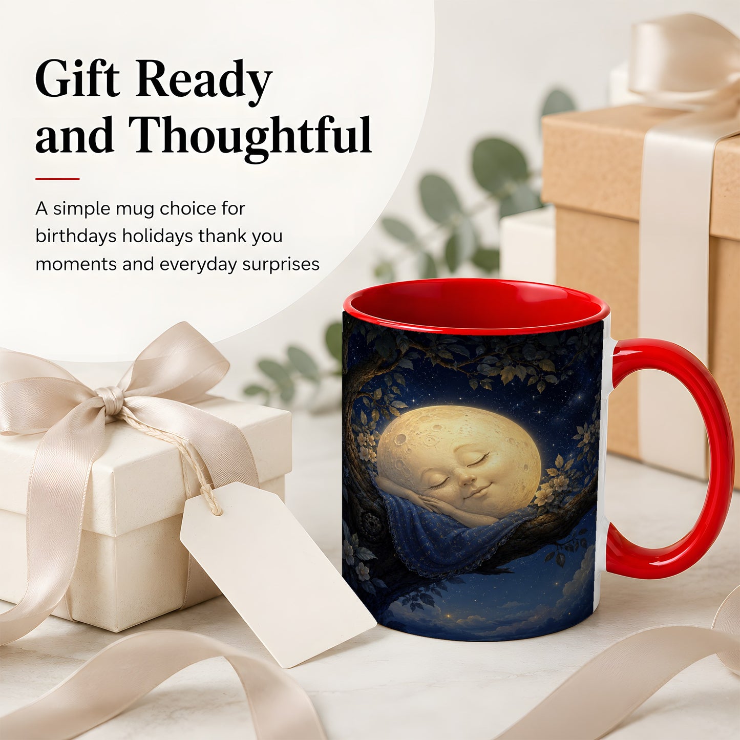 #pl[11oz|Red] Sleeping Moon Ceramic Mug, Dreamy Celestial Night Art
