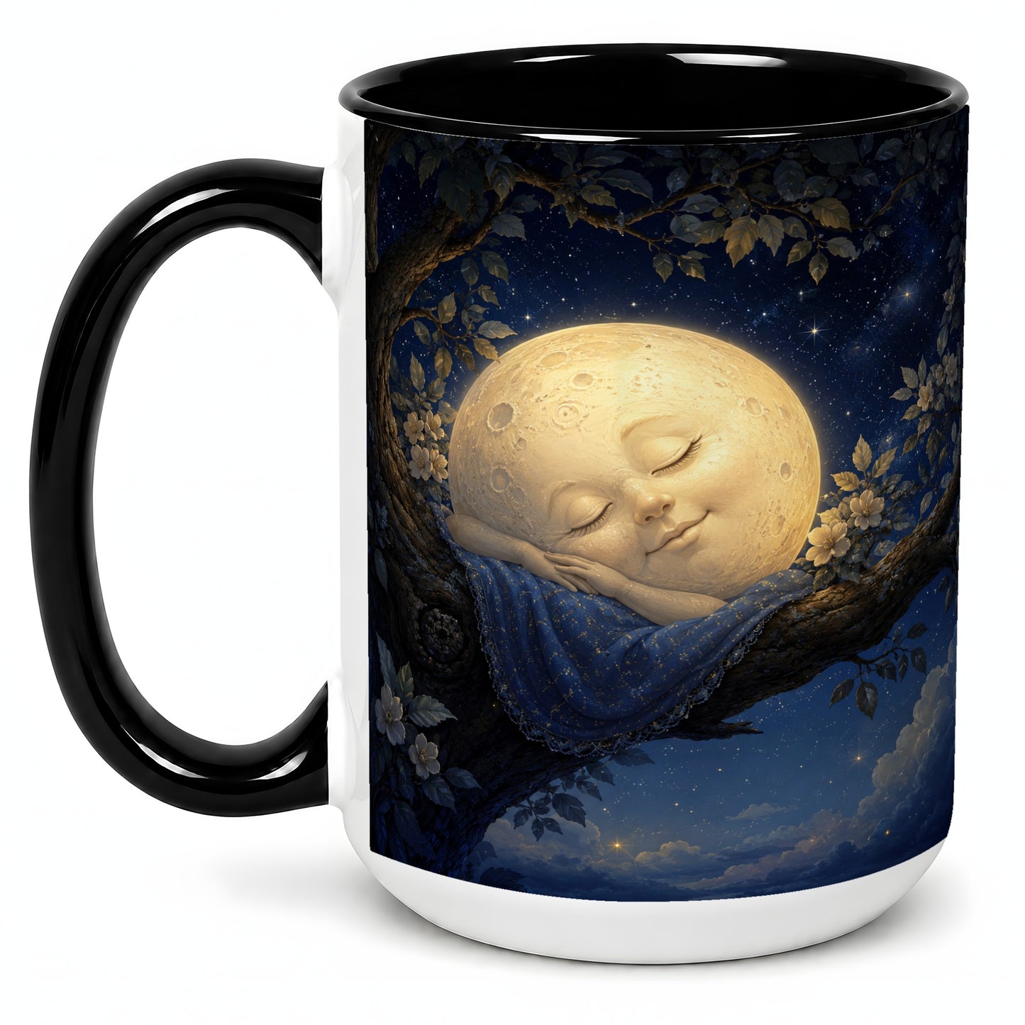 #pl[15oz|Black] Sleeping Moon Ceramic Mug, Dreamy Celestial Night Art