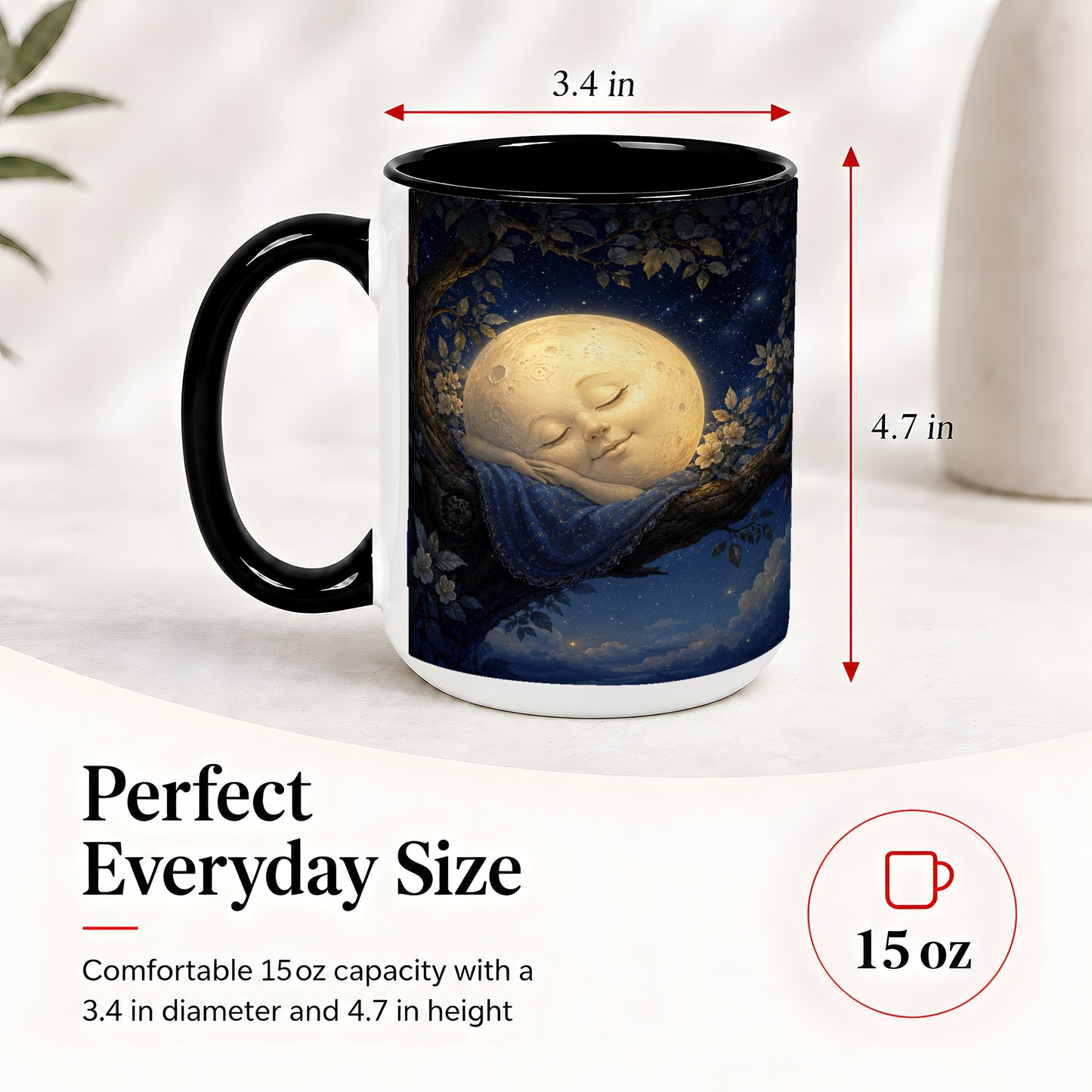 #pl[15oz|Black] Sleeping Moon Ceramic Mug, Dreamy Celestial Night Art