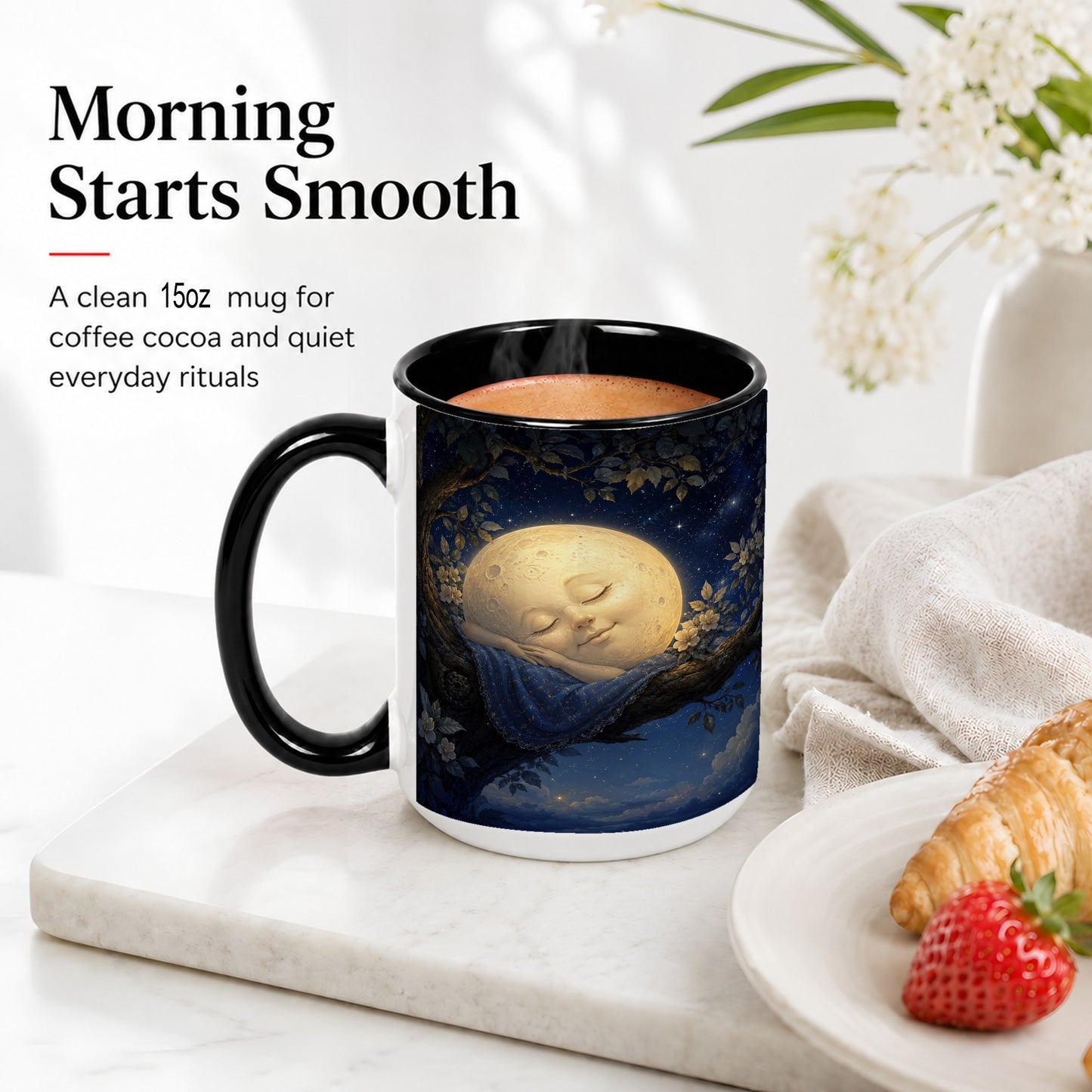 #pl[15oz|Black] Sleeping Moon Ceramic Mug, Dreamy Celestial Night Art
