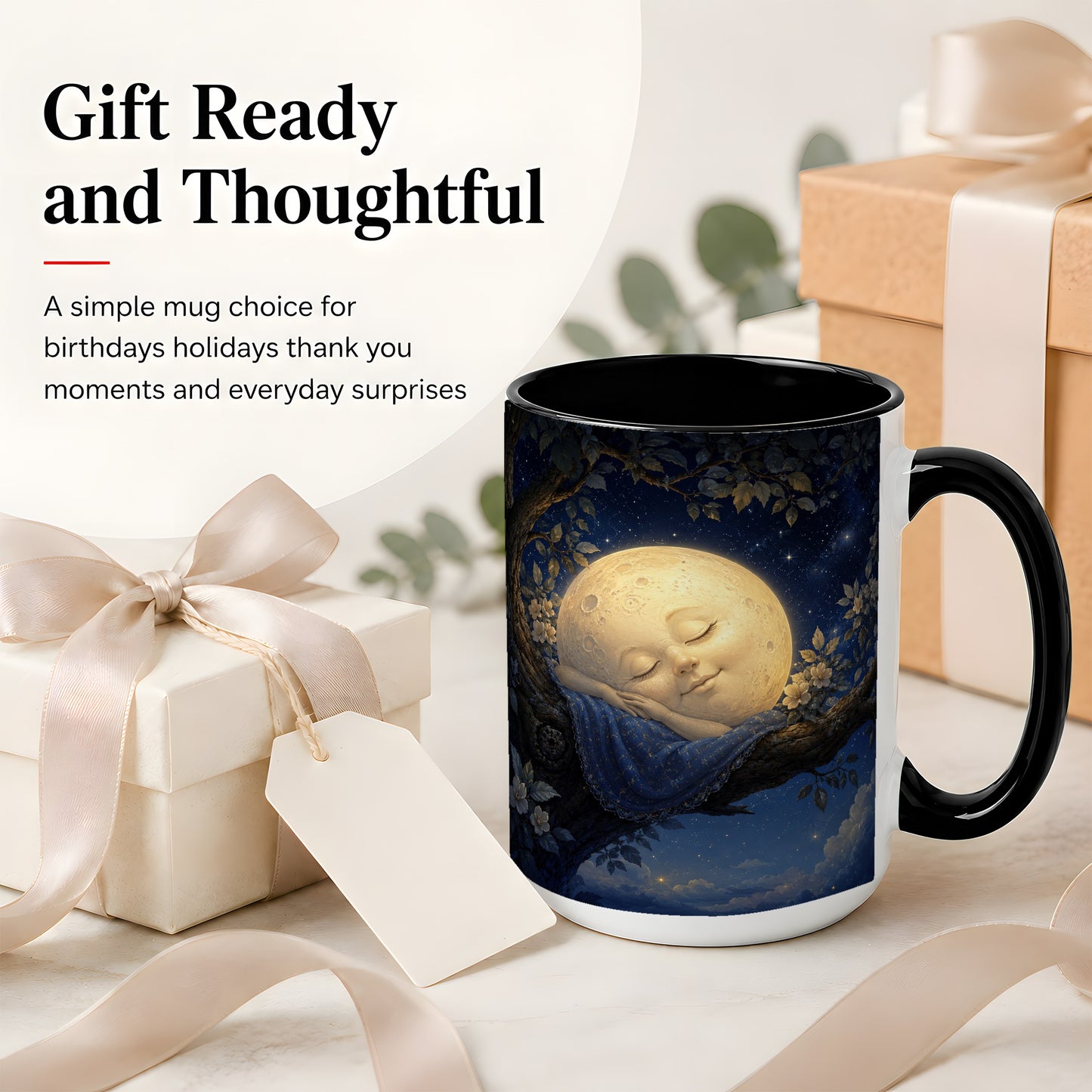 #pl[15oz|Black] Sleeping Moon Ceramic Mug, Dreamy Celestial Night Art