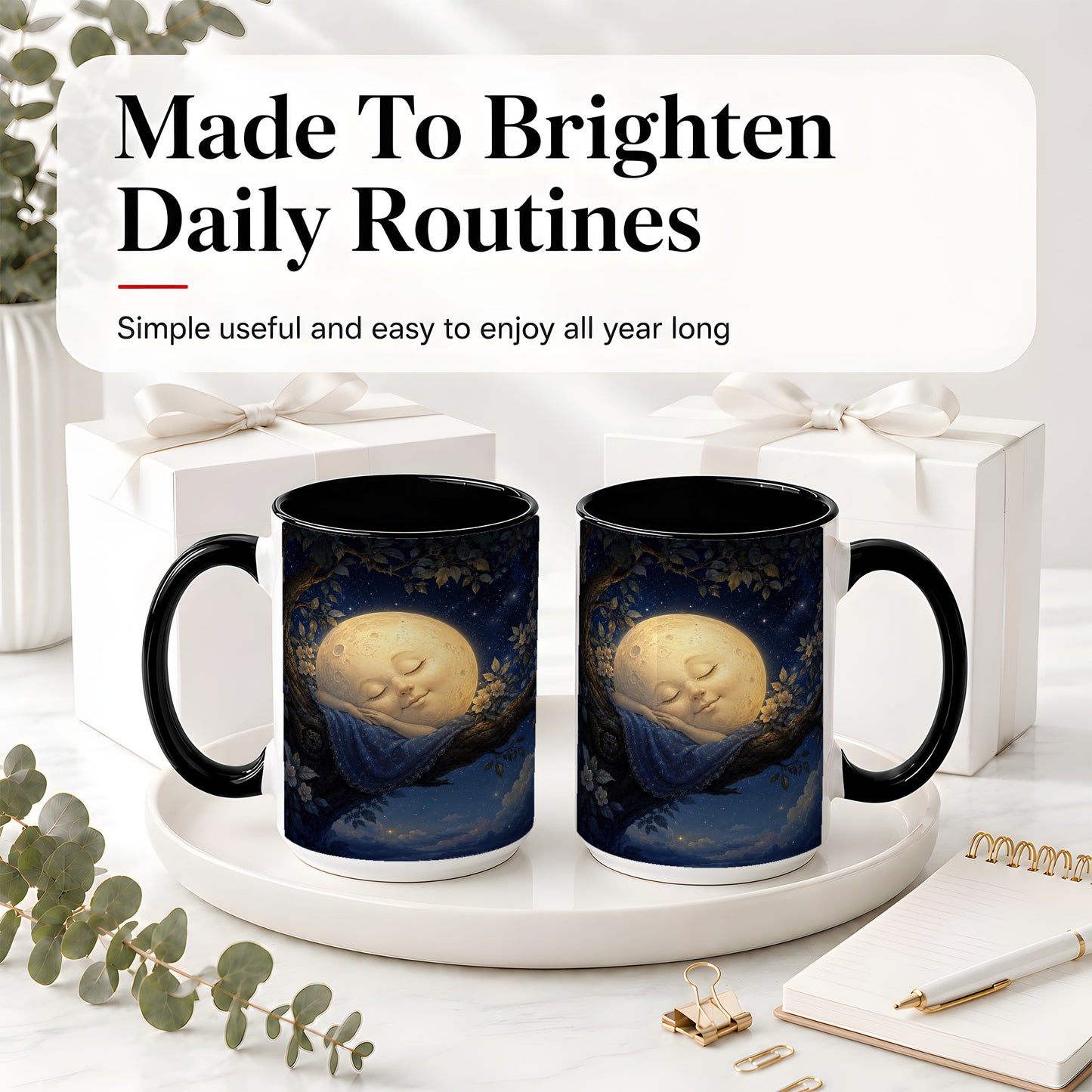 #pl[15oz|Black] Sleeping Moon Ceramic Mug, Dreamy Celestial Night Art
