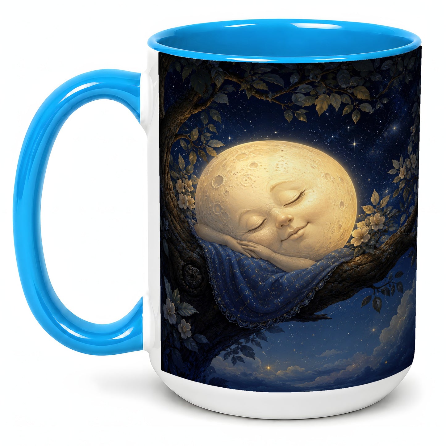 #pl[15oz|Blue] Sleeping Moon Ceramic Mug, Dreamy Celestial Night Art