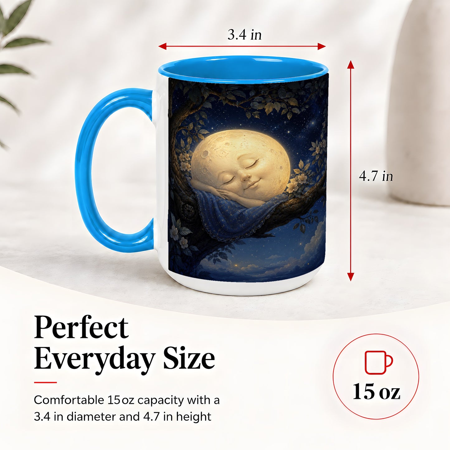 #pl[15oz|Blue] Sleeping Moon Ceramic Mug, Dreamy Celestial Night Art