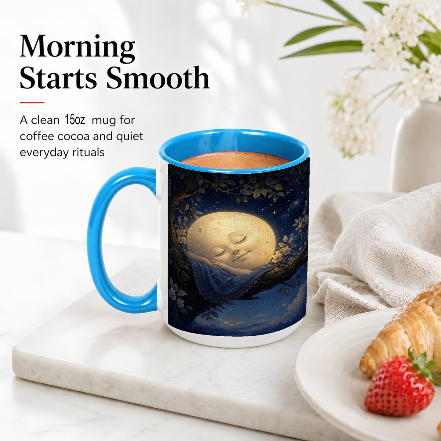 #pl[15oz|Blue] Sleeping Moon Ceramic Mug, Dreamy Celestial Night Art