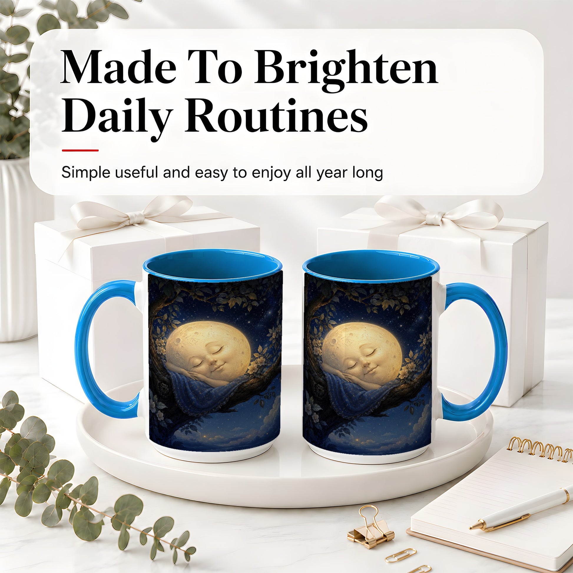#pl[15oz|Blue] Sleeping Moon Ceramic Mug, Dreamy Celestial Night Art