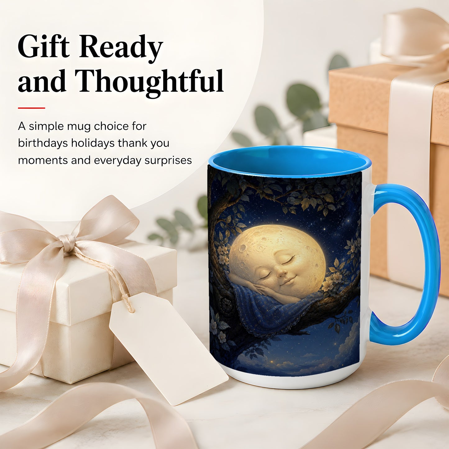 #pl[15oz|Blue] Sleeping Moon Ceramic Mug, Dreamy Celestial Night Art