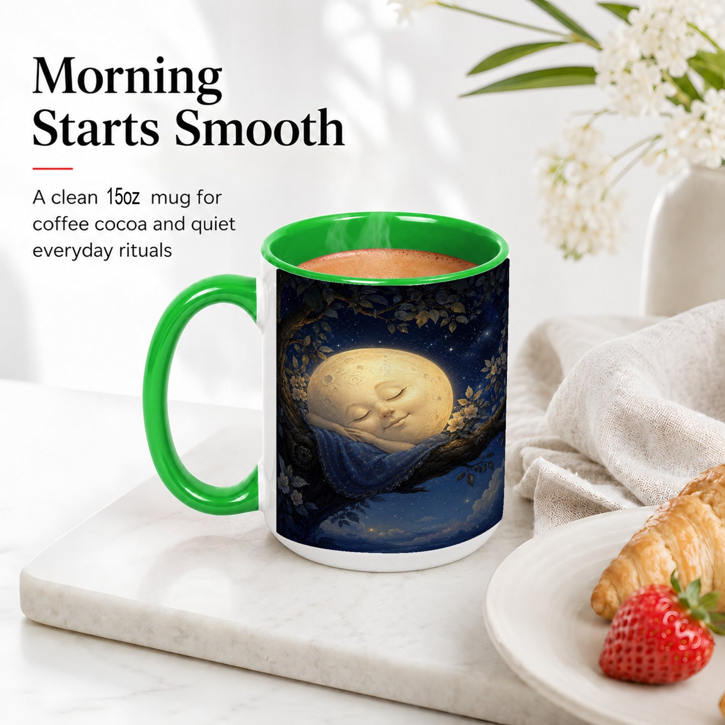 #pl[15oz|Green] Sleeping Moon Ceramic Mug, Dreamy Celestial Night Art